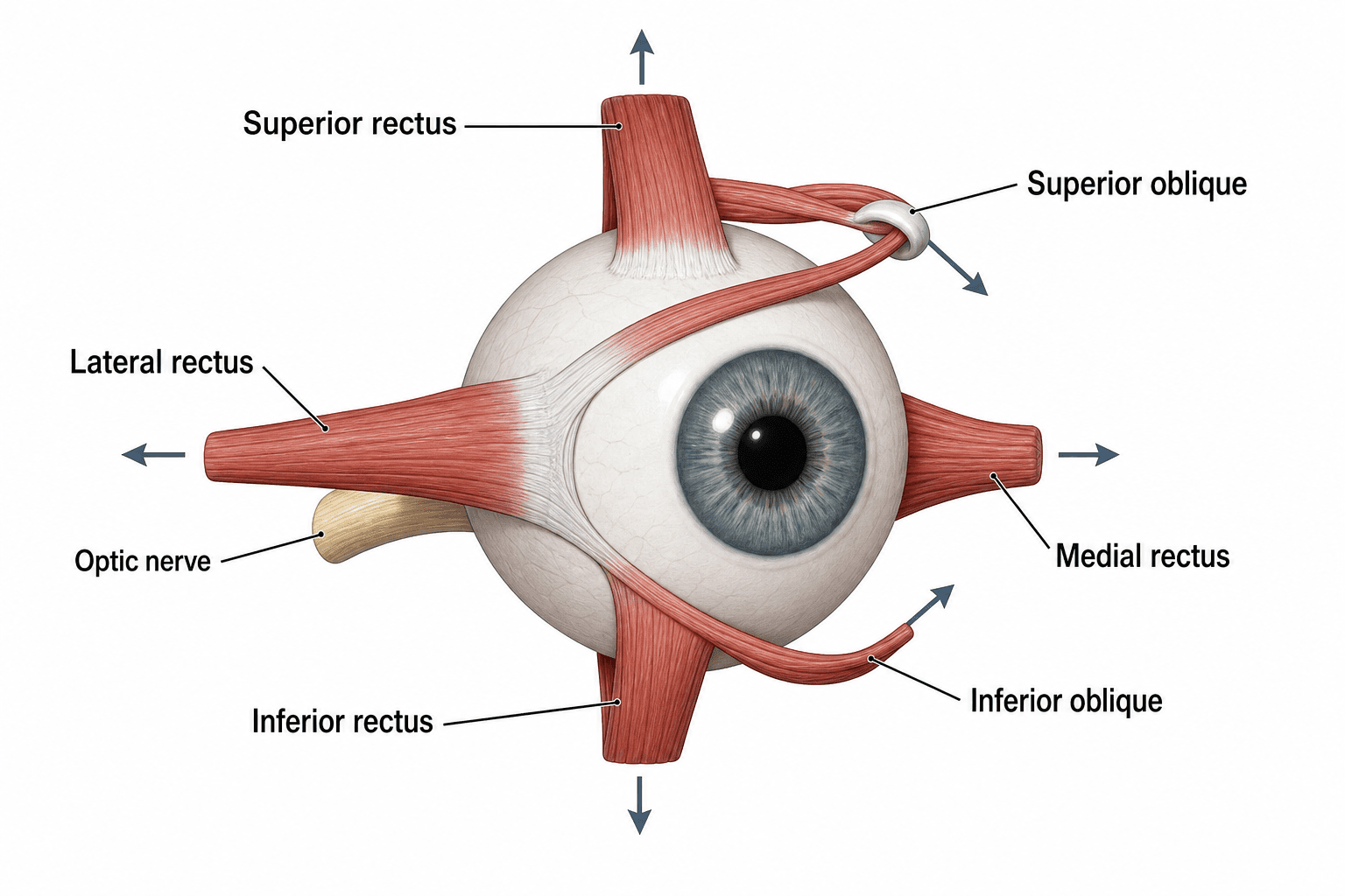 Extraocular muscles — The six muscles that move the eye, each labeled with its direction of pull.