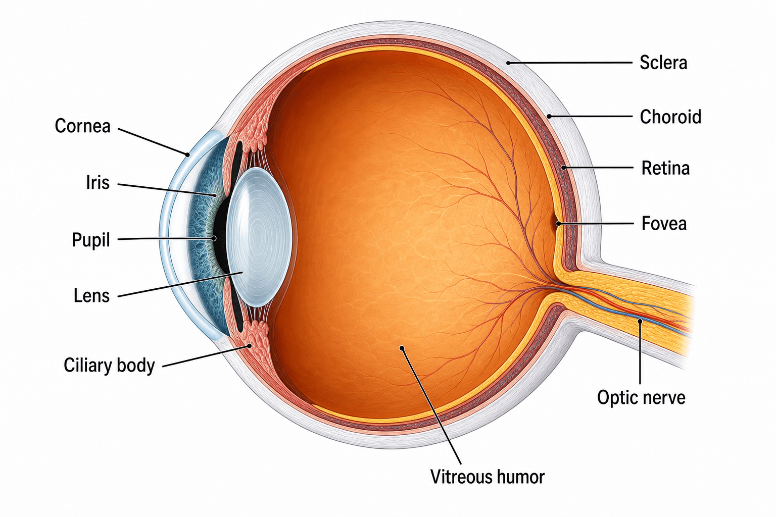 Fully labeled eye — A complete cross section with every major structure labeled, from cornea to optic nerve.