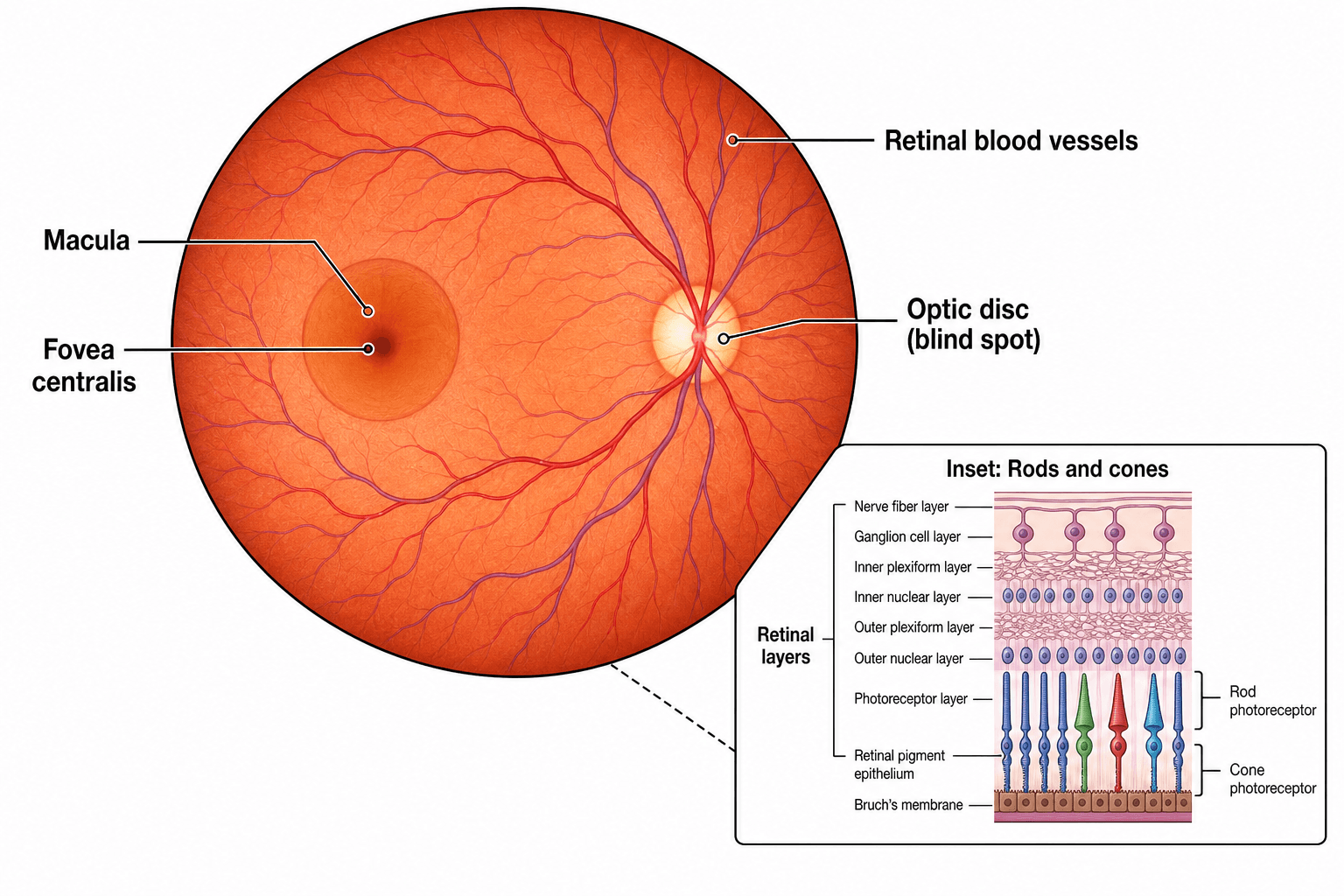 Retina detail — A close-up of the retina with the macula, fovea, optic disc, and blood vessels.