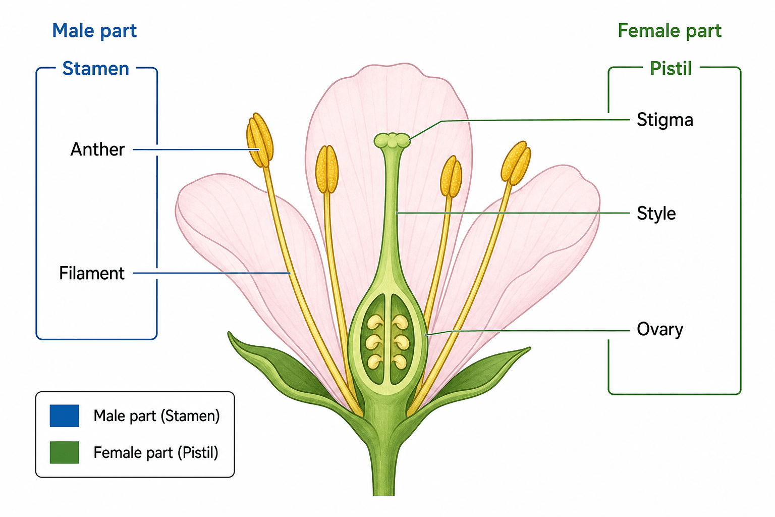 雄性と雌性の部分 — 雄性の部分(おしべ：やく・花糸)と雌性の部分(めしべ：柱頭・花柱・子房)を区別した花の図。
