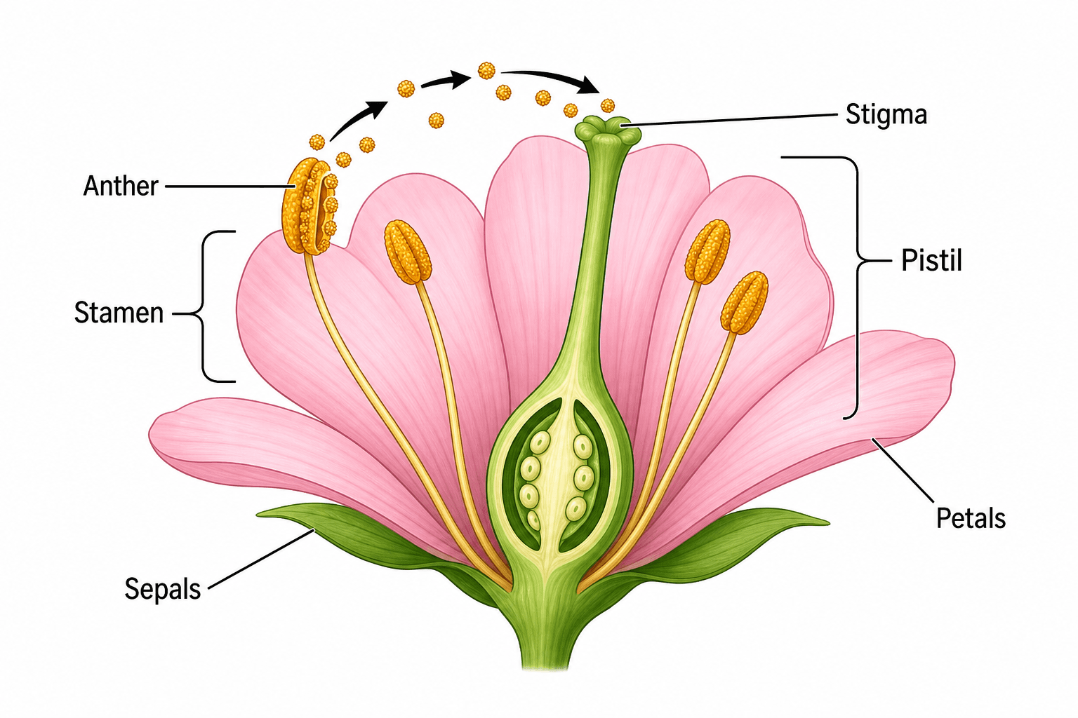 受粉の図 — やくから柱頭へ花粉が移る様子を方向矢印で示し、受粉を表した花の図。