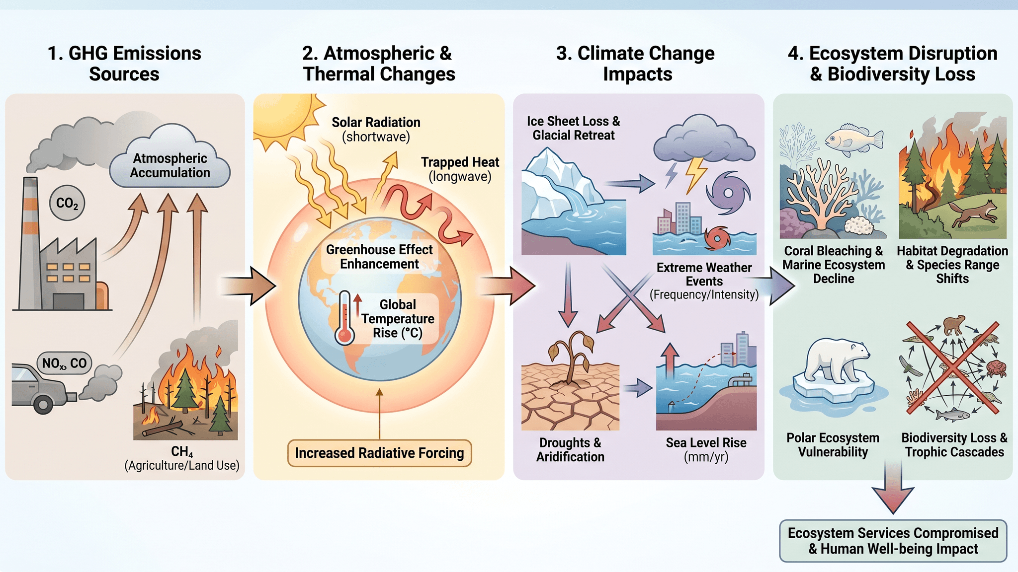 Environmental Impact Study — Environmental science graphical abstract showing cause-and-effect relationships.