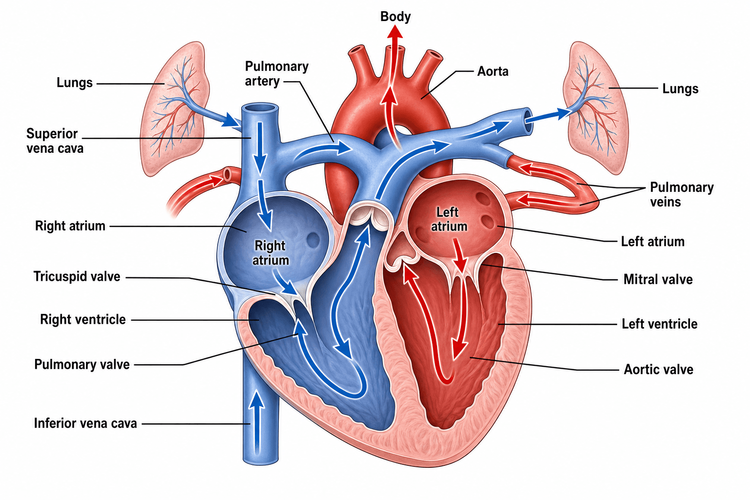 Blutfluss durch das Herz — Farbige Pfeile verfolgen sauerstoffarmes und sauerstoffreiches Blut durch Herz und Lunge.