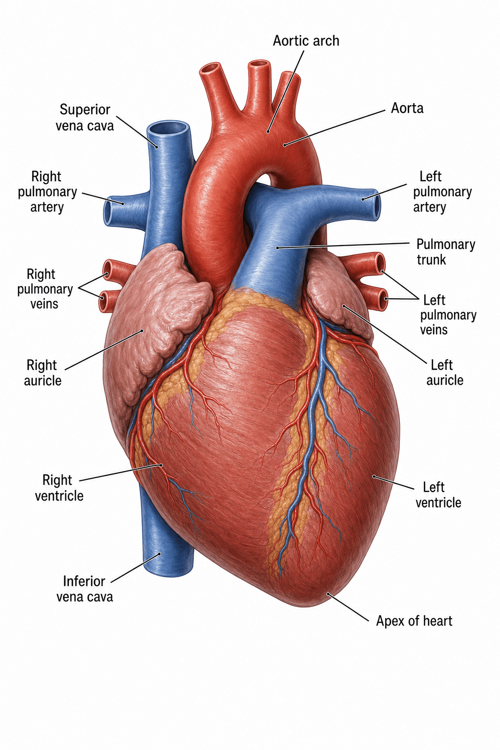 Äußere Herzansicht — Die Oberfläche des Herzens mit Aorta, Truncus pulmonalis, Hohlvene und Lungenvenen.