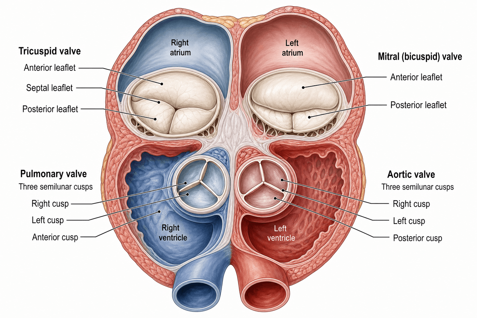 Herzklappen — Die Trikuspidal-, Mitral-, Aorten- und Pulmonalklappe im Querschnitt dargestellt und klar benannt.