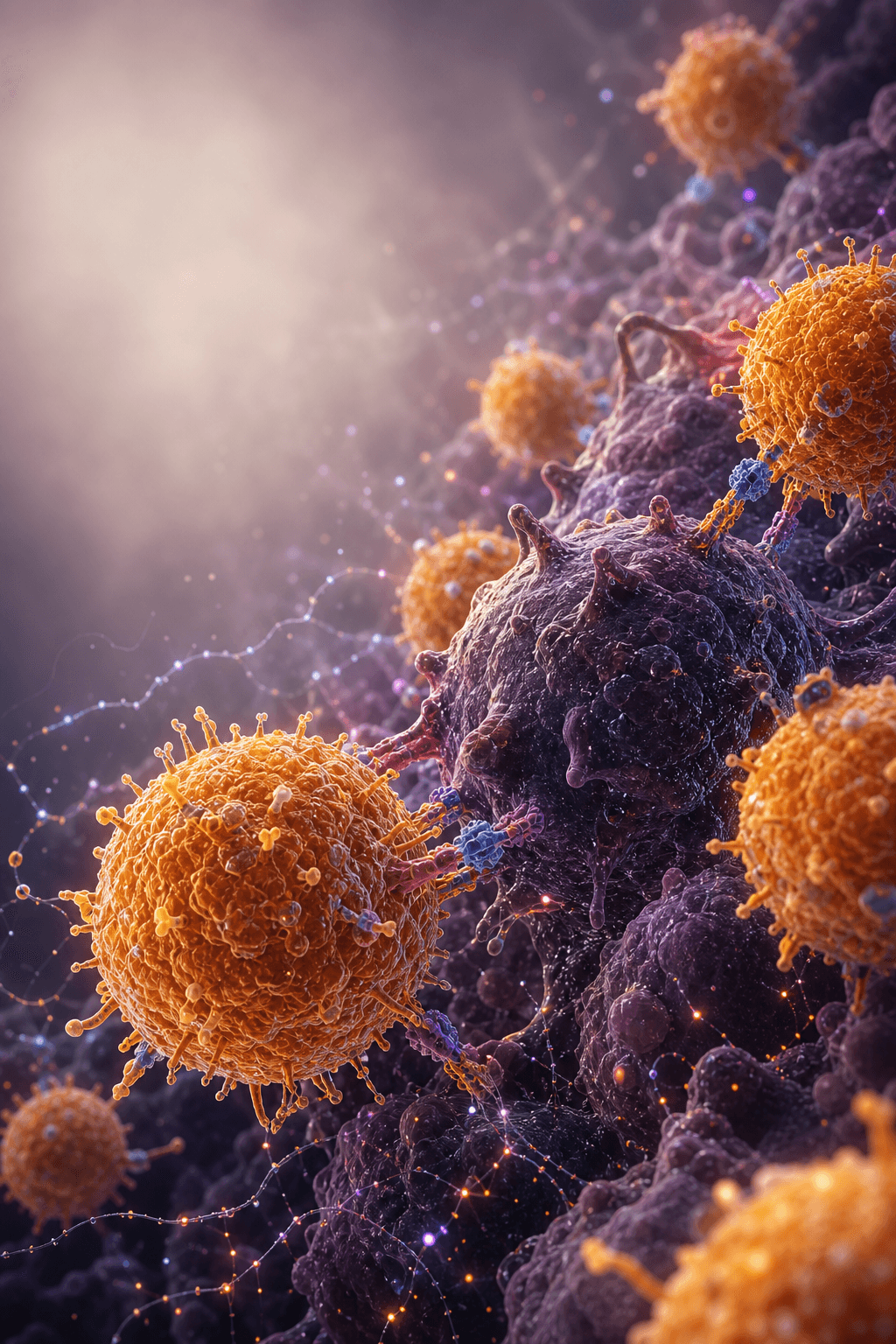 Cancer Immunotherapy — Activated T cells attacking cancer cells in a dramatic tumor microenvironment, in a cinematic realistic style.