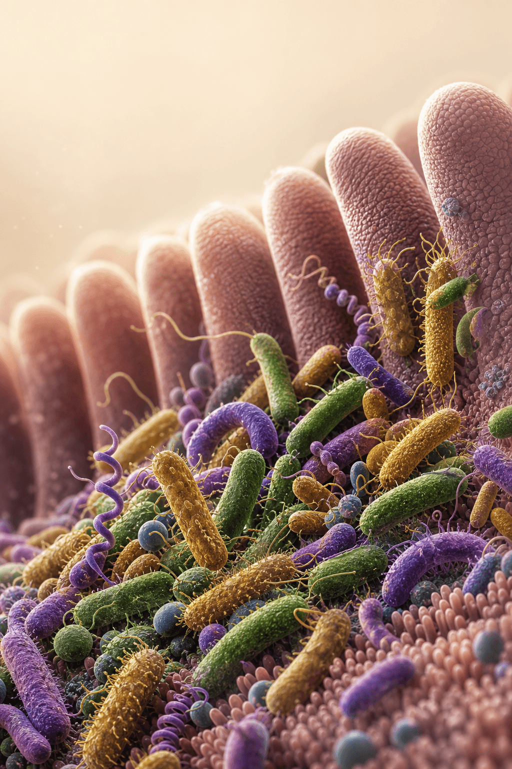 Gut Microbiome — A diverse community of bacteria against an intestinal villus wall, in a rich painterly 3D style.