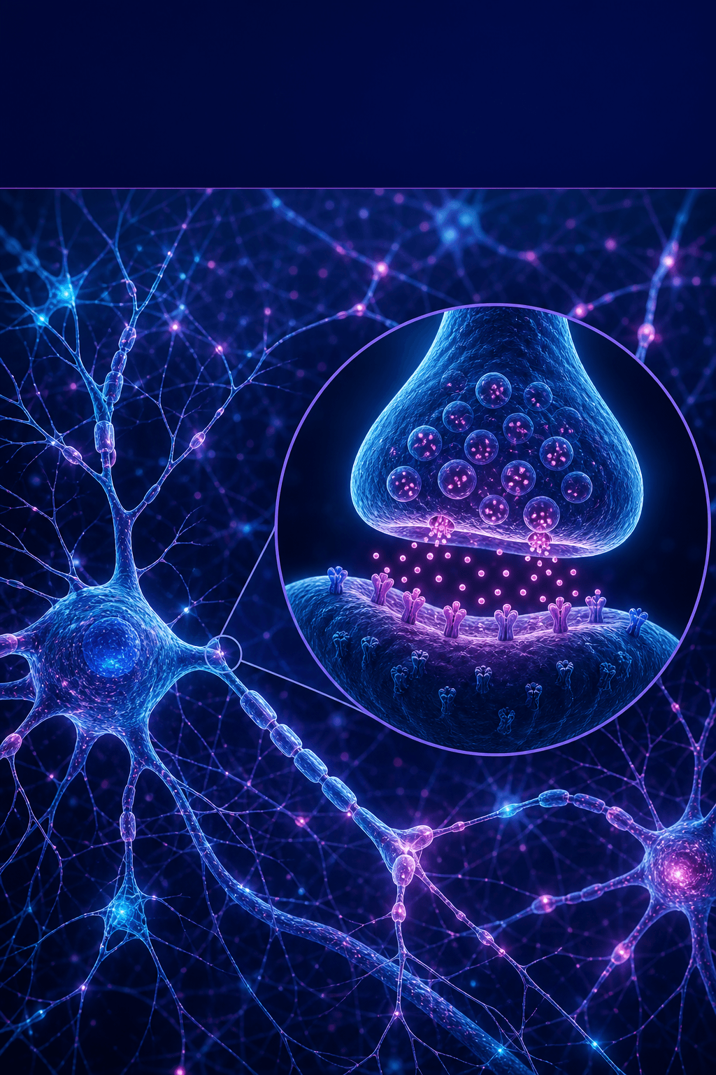 Neural Circuits — A luminous network of firing neurons with a magnified synapse, glowing against a deep indigo background.