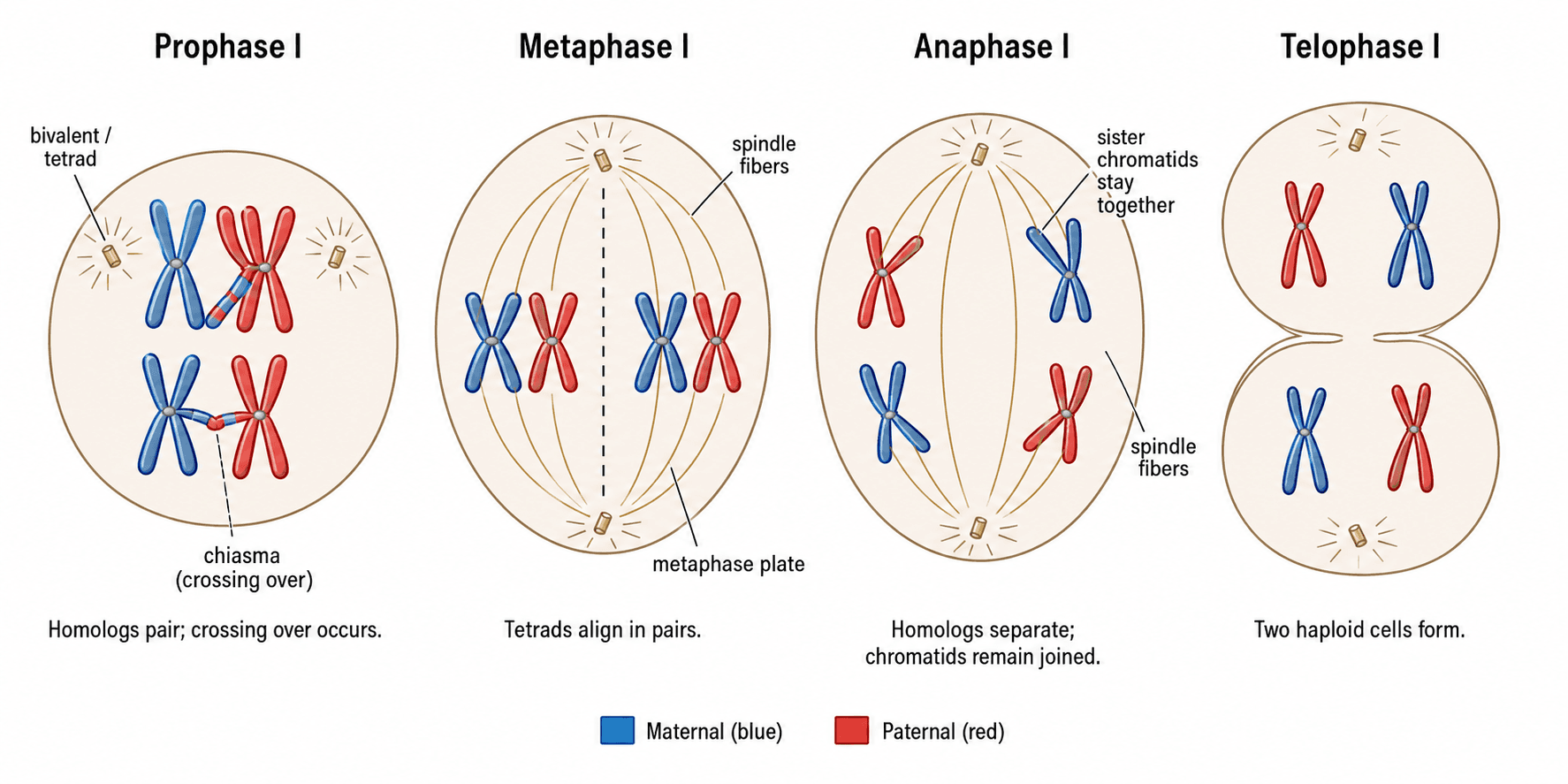 Meiose I — Prophase I bis Telophase I, die zeigt, wie sich homologe Chromosomen in der Reduktionsteilung trennen.