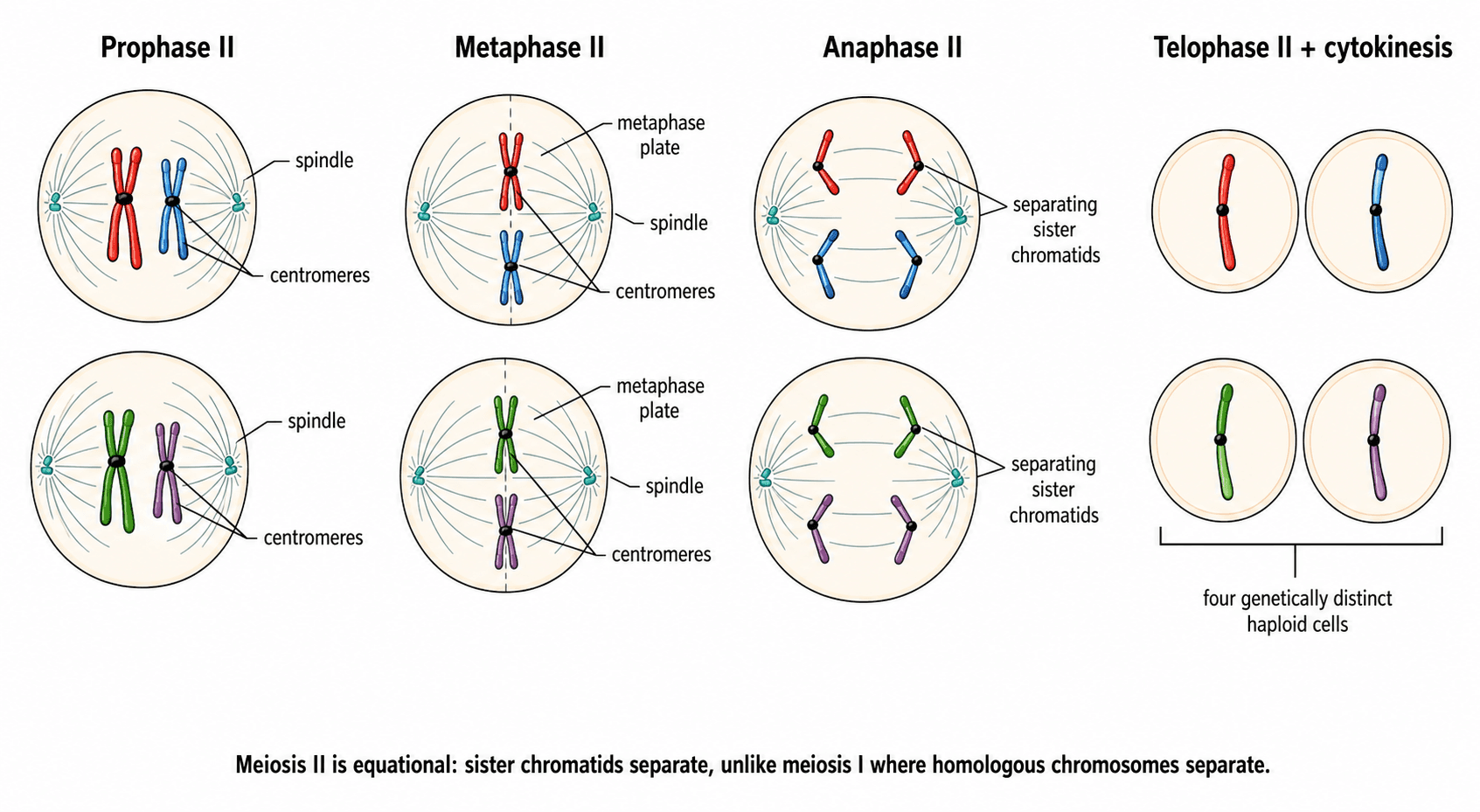 Meiose II — Prophase II bis Telophase II, die zeigt, wie sich Schwesterchromatiden in vier haploide Tochterzellen trennen.
