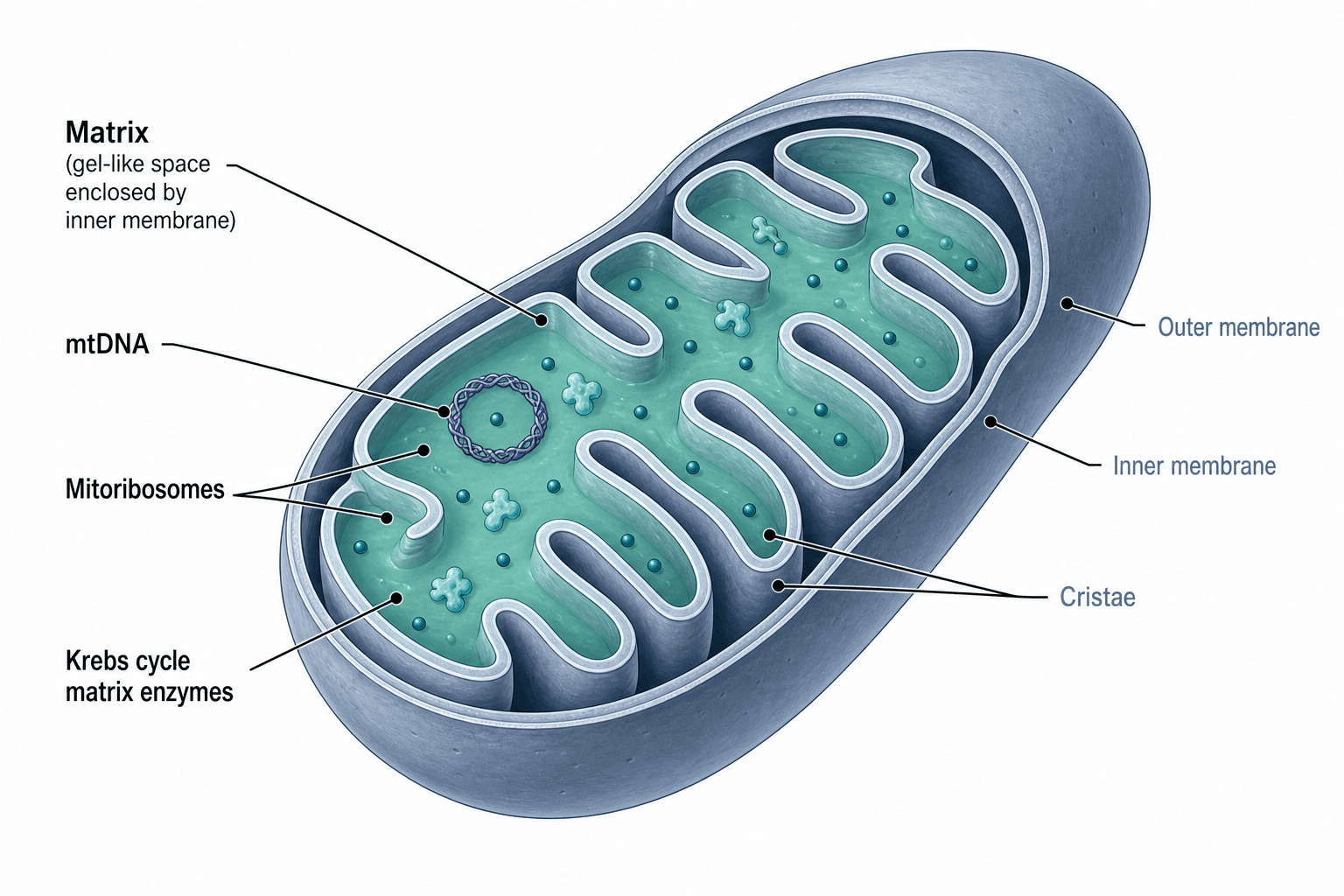 Matrice e contenuto — Diagramma che evidenzia la matrice e ciò che contiene: DNA mitocondriale, ribosomi e gli enzimi del ciclo dell'acido citrico, con le strutture circostanti attenuate.