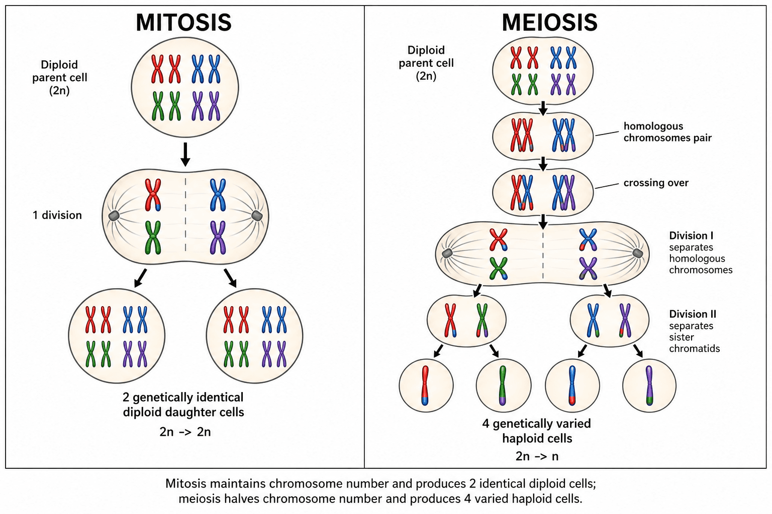 Mitosi contro meiosi — Un confronto affiancato tra mitosi (due cellule diploidi identiche) e meiosi (quattro cellule aploidi diverse).