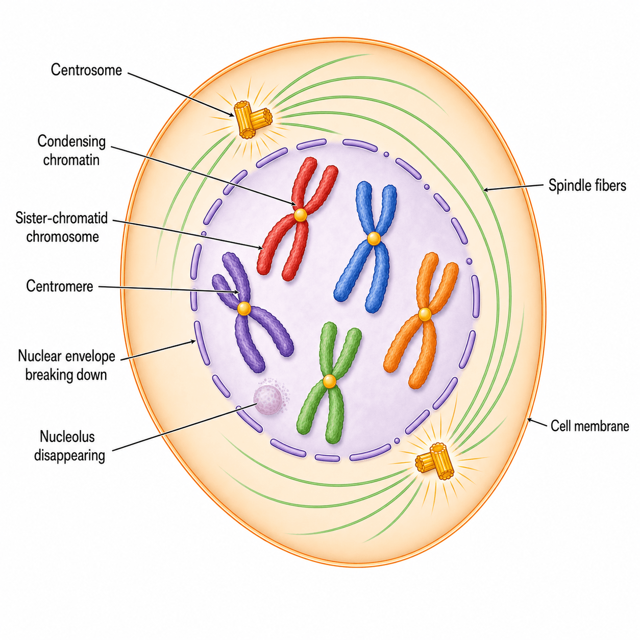 Profase — La cromatina che si condensa in cromosomi a cromatidi fratelli, l'involucro nucleare che si dissolve e le fibre del fuso che si formano.