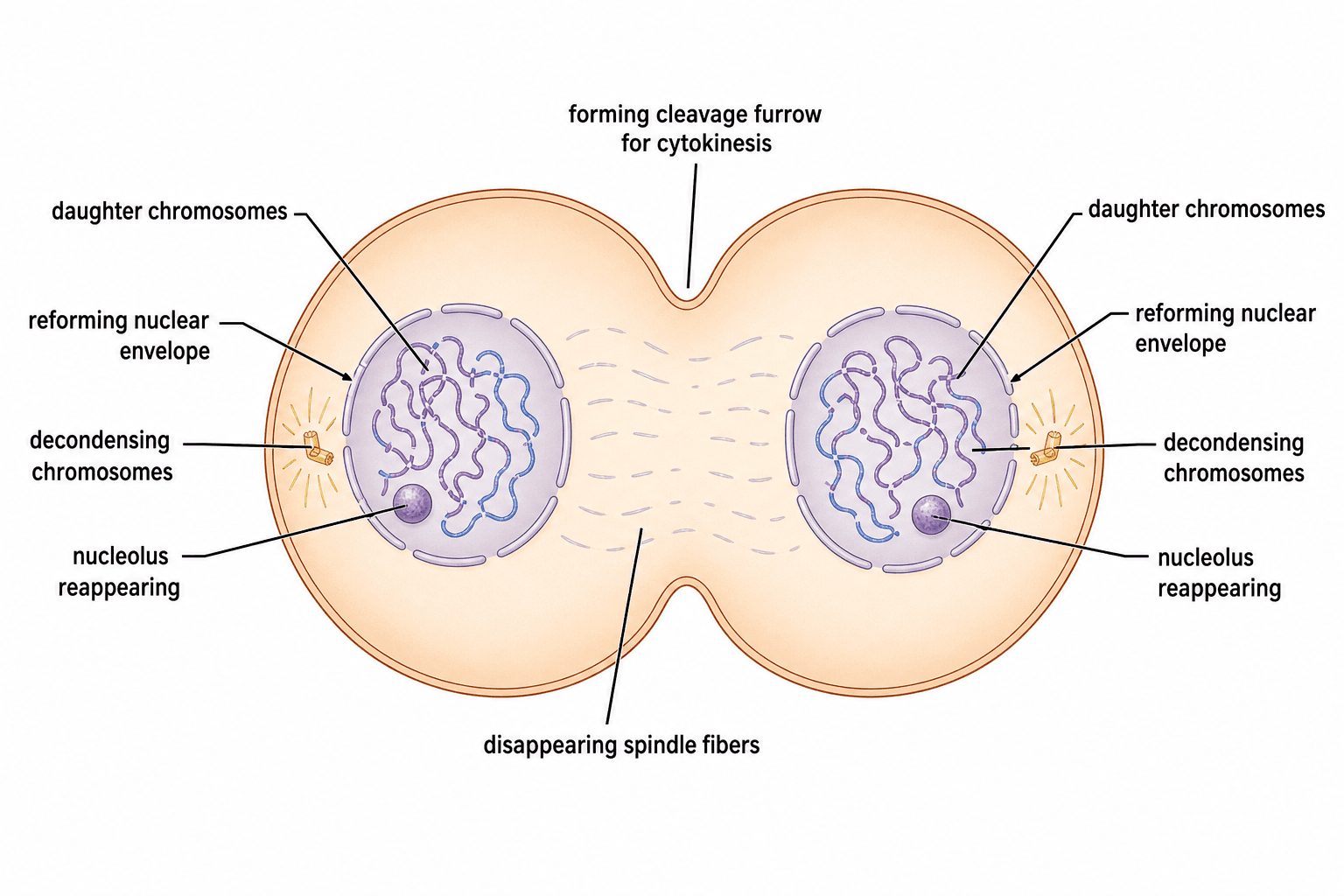 Telofase — Due gruppi di cromosomi figli ai poli, l'involucro nucleare che si riforma e un solco di clivaggio che compare.