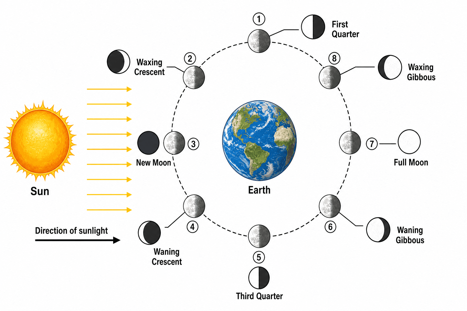 Positionen von Sonne, Erde & Mond — Ein Diagramm, das die Bahnpositionen von Sonne, Erde und Mond mit der Richtung des Sonnenlichts zeigt und veranschaulicht, warum jede Phase so erscheint, wie sie erscheint.