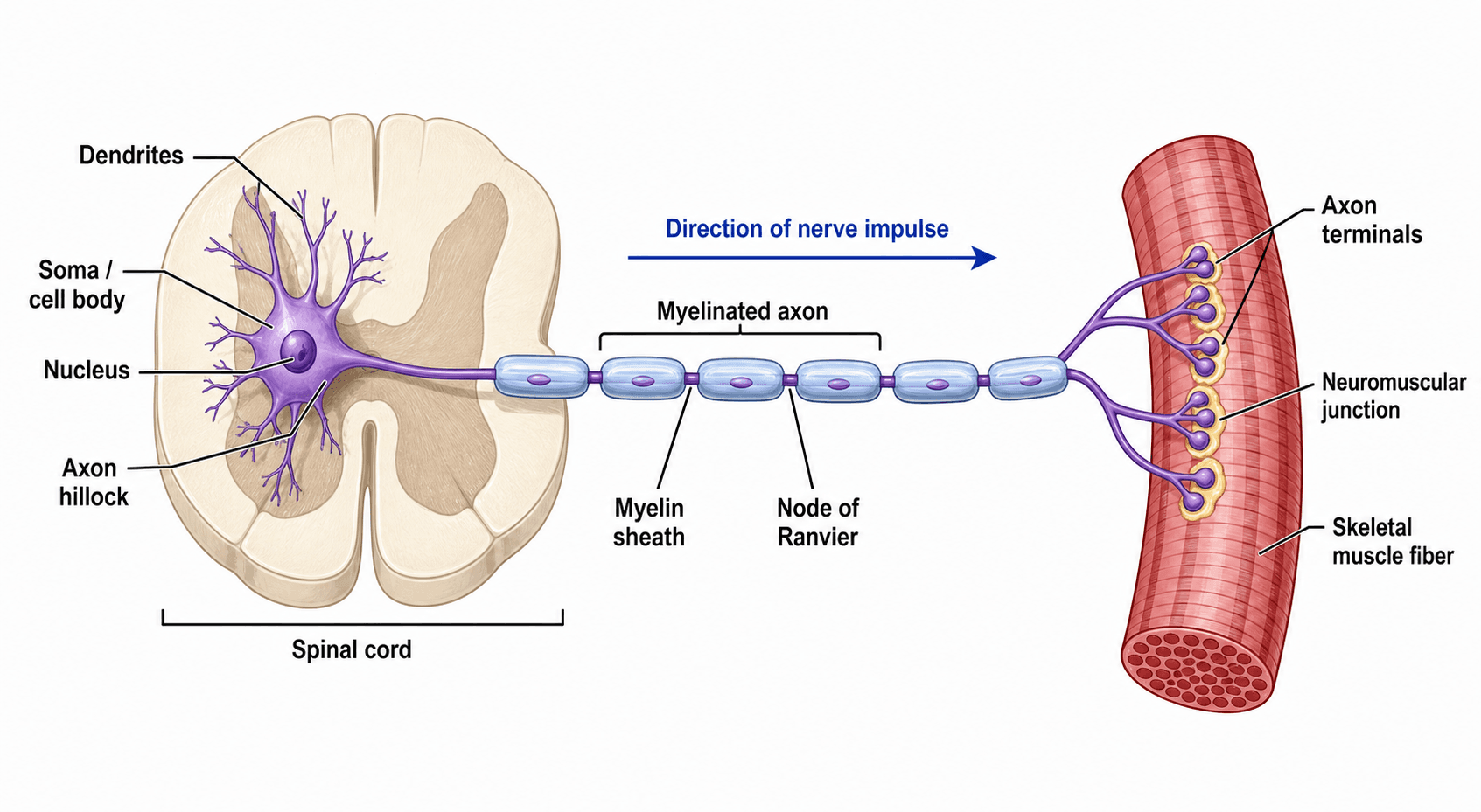 Neurone motorio — Un neurone efferente che dal corpo cellulare scorre lungo un assone mielinizzato fino a una giunzione neuromuscolare su una fibra muscolare.
