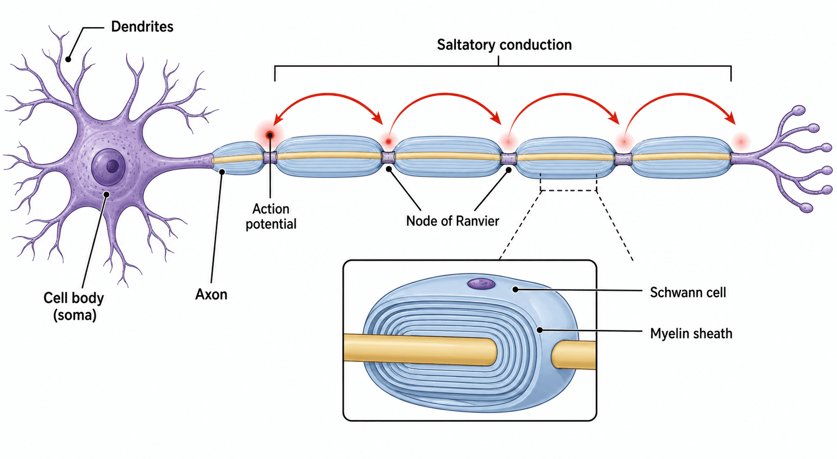 Struttura della cellula nervosa — Una vista strutturale di un assone mielinizzato con uno spaccato di una cellula di Schwann, i nodi di Ranvier e la conduzione saltatoria.