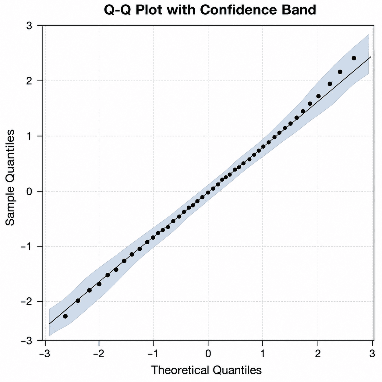 Diagramme Q-Q avec bande de confiance — Diagramme Q-Q normal avec une bande de confiance ponctuelle ombrée autour de la droite de référence, de sorte que les points hors de l'enveloppe signalent des écarts à la normalité.