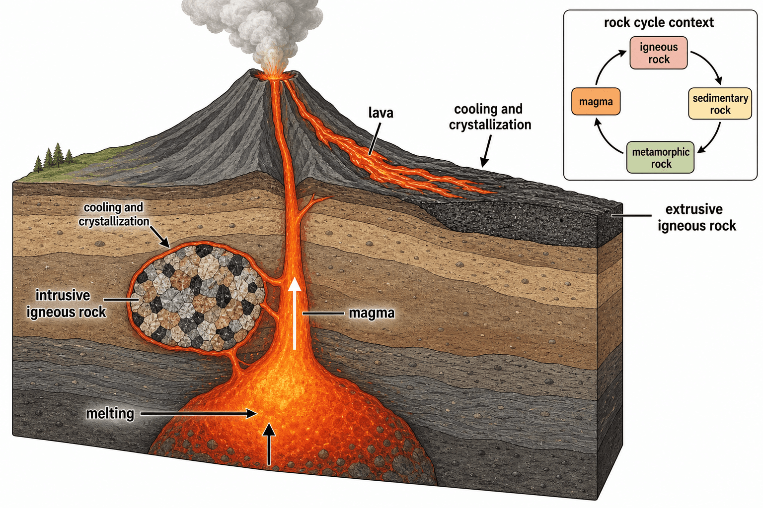 Formazione della roccia ignea — Come il magma e la lava si raffreddano e cristallizzano in rocce ignee intrusive ed effusive, con frecce di fusione e raffreddamento etichettate.