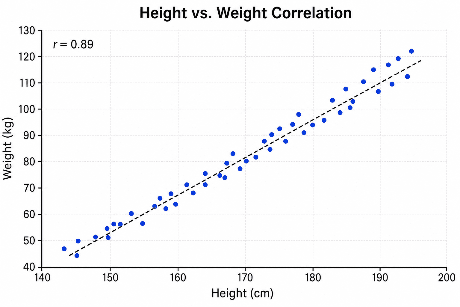 Grafico a dispersione di correlazione — Diagramma di dispersione altezza rispetto a peso che mostra una forte correlazione positiva, con una linea di tendenza tratteggiata e un valore r di Pearson etichettato.