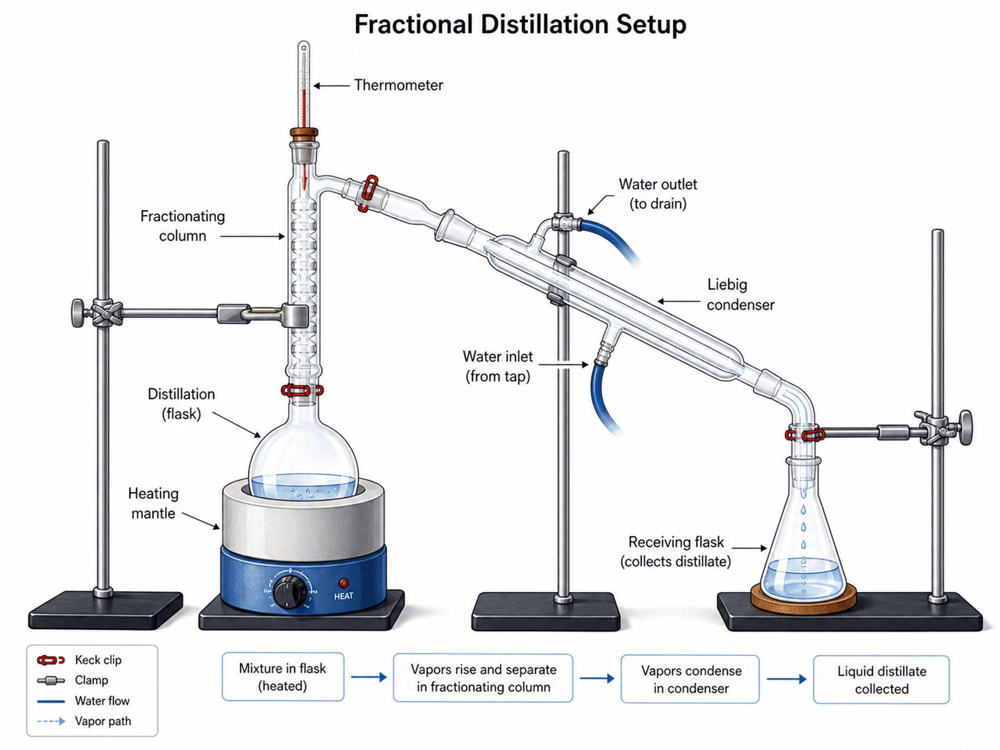 Montage de distillation — Dessin d'appareillage de chimie représentant un montage de distillation fractionnée avec verrerie annotée.