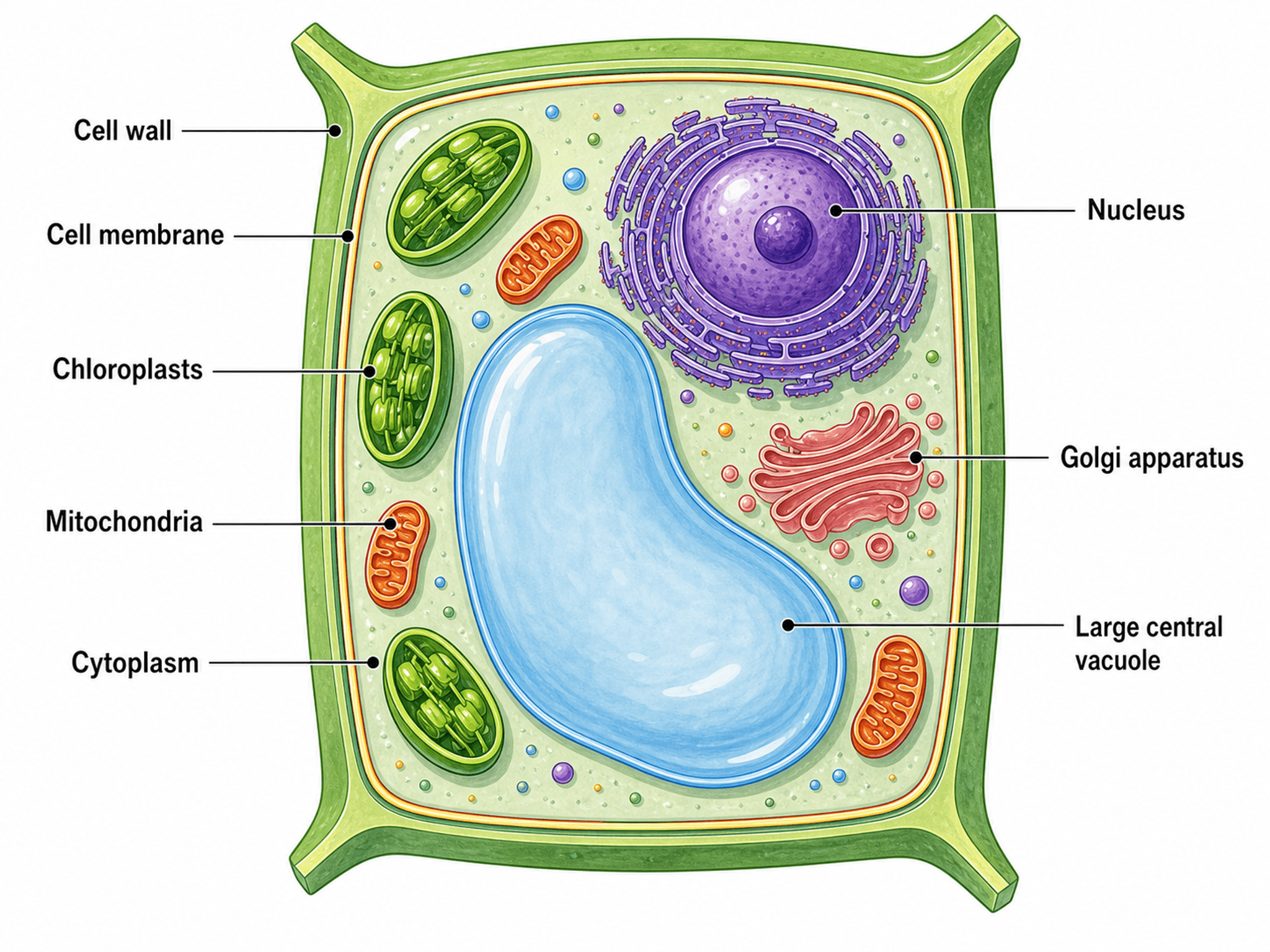 Schéma d'une cellule végétale — Dessin de botanique d'une cellule végétale avec paroi cellulaire, chloroplastes, vacuole et organites annotés.