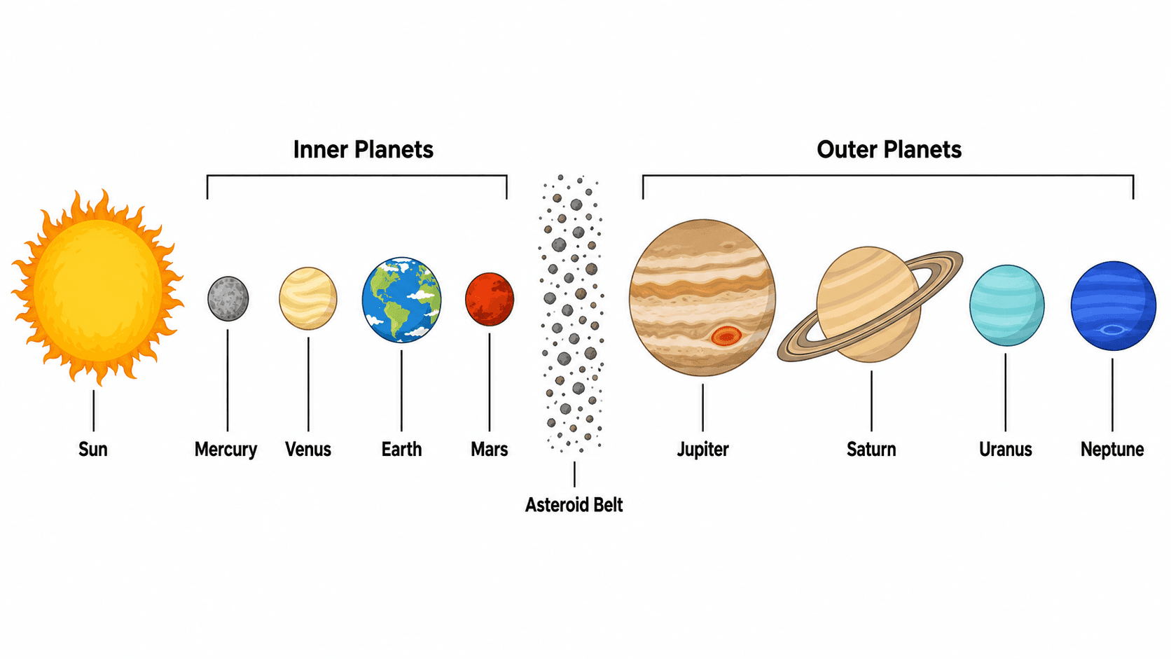 Innere & äußere Planeten — Sonnensystem-Diagramm, das die inneren Gesteinsplaneten von den äußeren Gasriesen trennt, mit dem dazwischen markierten Asteroidengürtel.