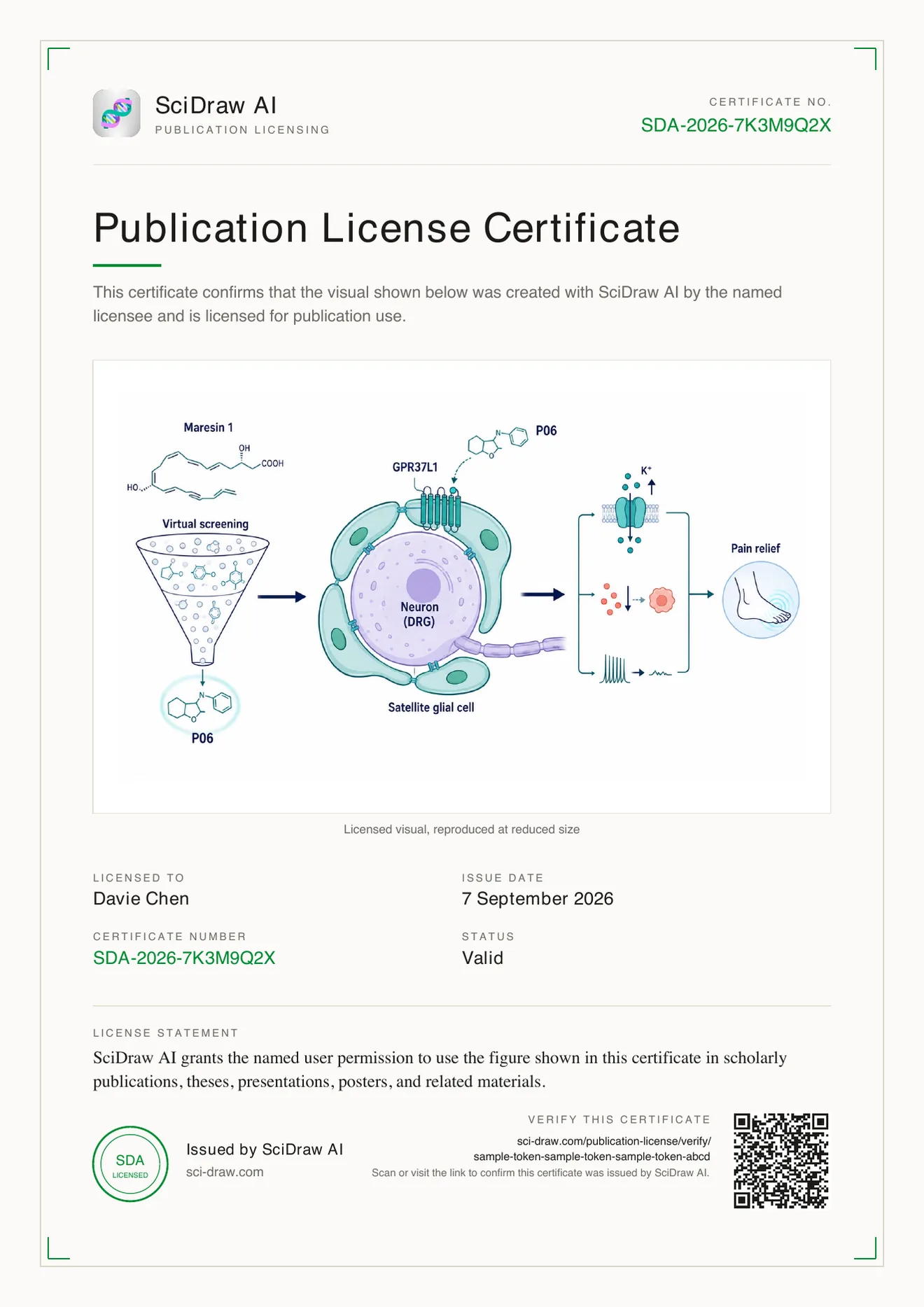 Sample Publication License Certificate issued by SciDraw AI