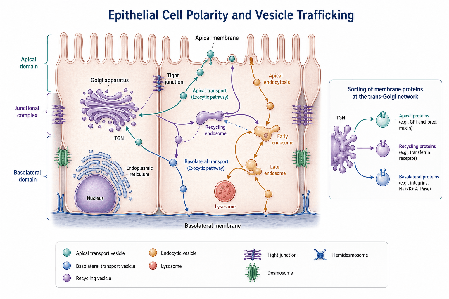 biomedical scientific illustration: Cell biology illustration showing epithelial polarity, tight junctions, Golgi, endosomes, lysosome, and vesicle trafficking routes.