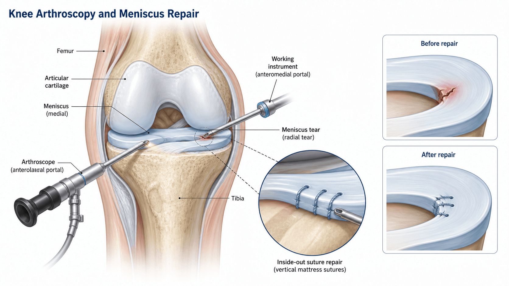 biomedical scientific illustration: Clinical knee arthroscopy procedure illustration with anatomy cross-section, instrument portals, meniscus repair, and pre/post inset.