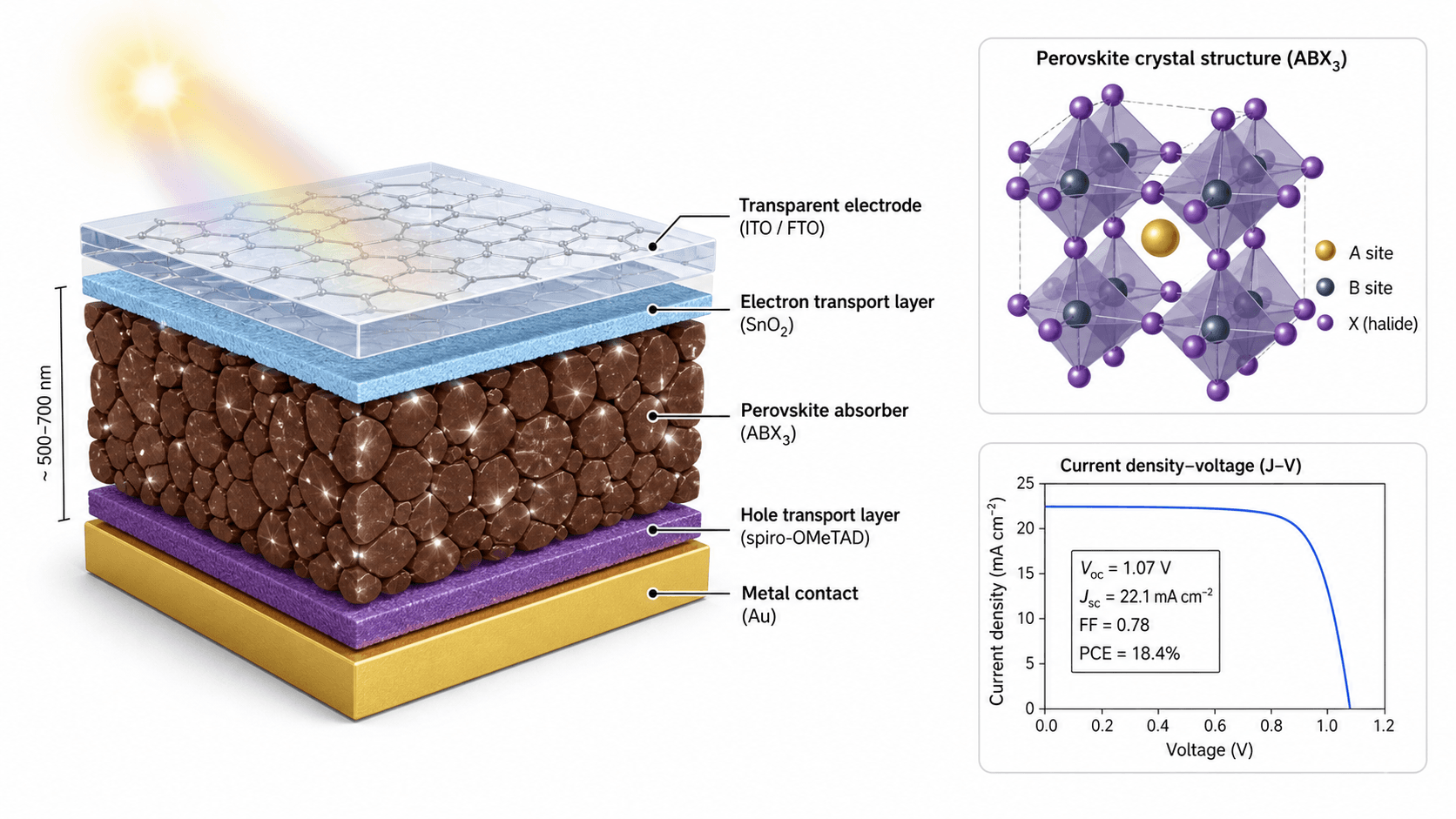 materials scientific illustration: Materials-science figure showing a perovskite solar-cell cross-section, crystal lattice inset, layer labels, and J-V performance panel.