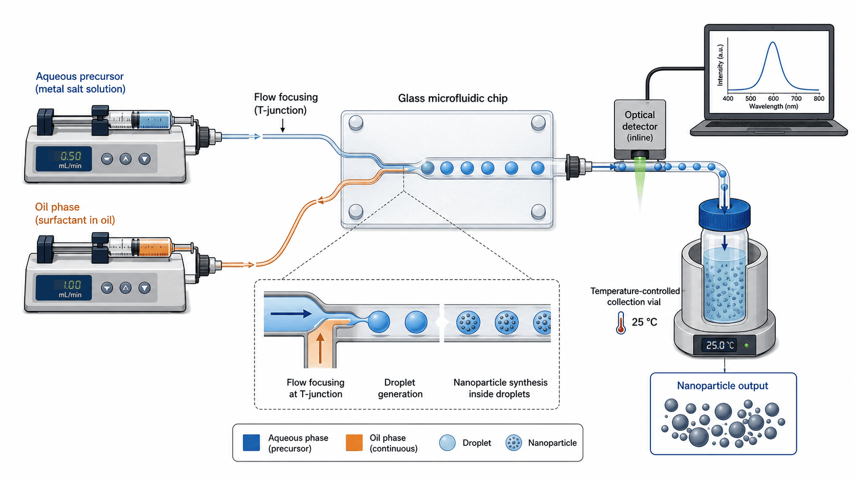 electronics scientific illustration: Experimental apparatus schematic for microfluidic nanoparticle synthesis with syringe pumps, chip, detector, and collection vial.