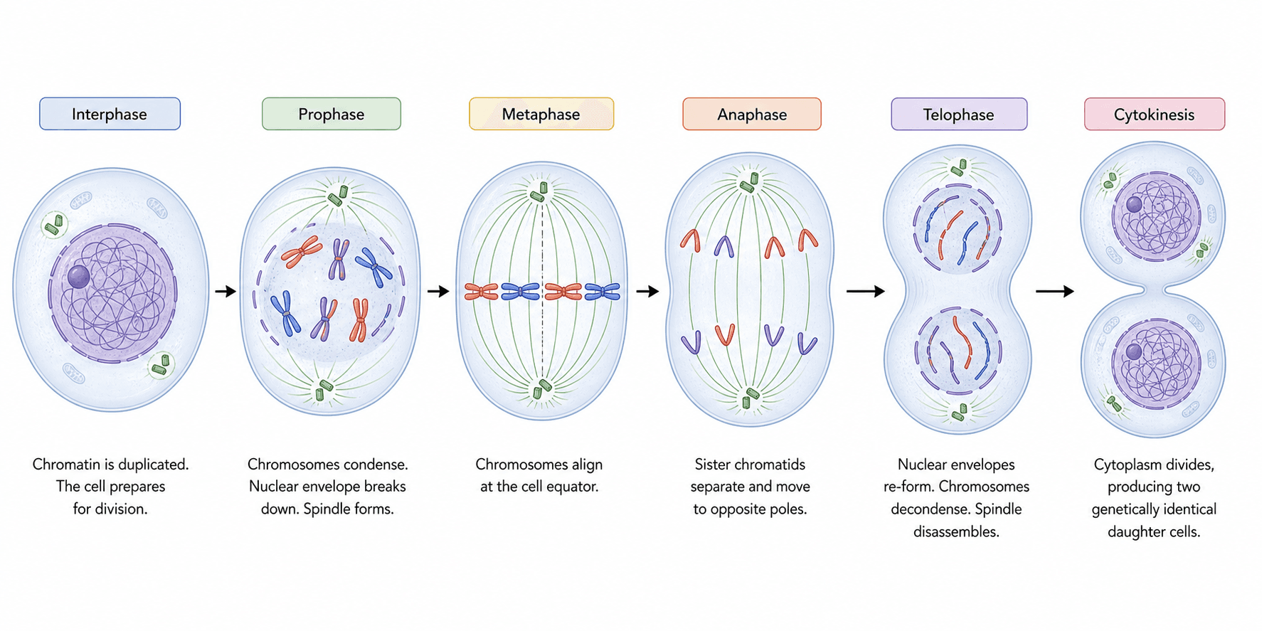 biomedical scientific illustration: Textbook mitosis figure showing interphase, prophase, metaphase, anaphase, telophase, and cytokinesis in a clear teaching layout.