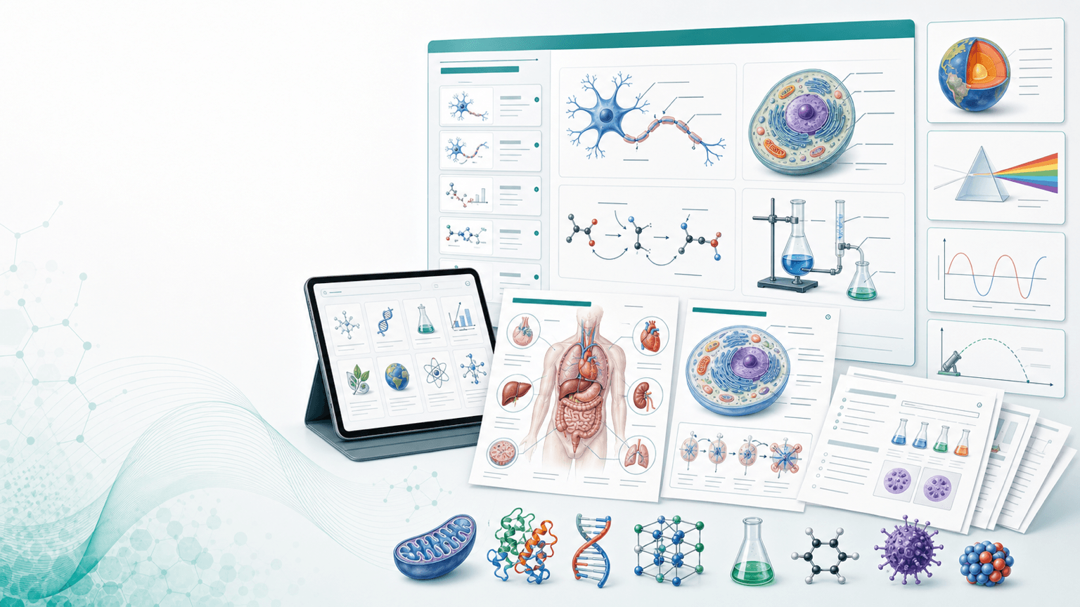 Scidraw AI for educators with lecture slide thumbnails, textbook-style science diagrams, handout pages, lab apparatus diagrams, and reusable teaching assets
