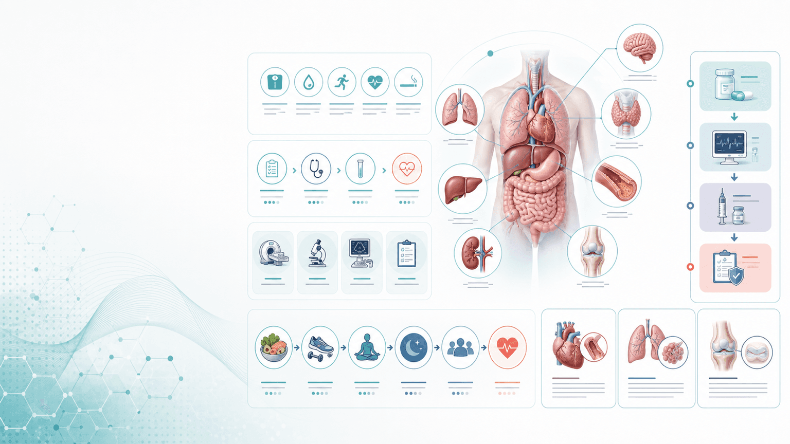 Medical infographic maker with anatomy panels, patient journey steps, clinical workflow arrows, risk-factor icons, and healthcare education cards