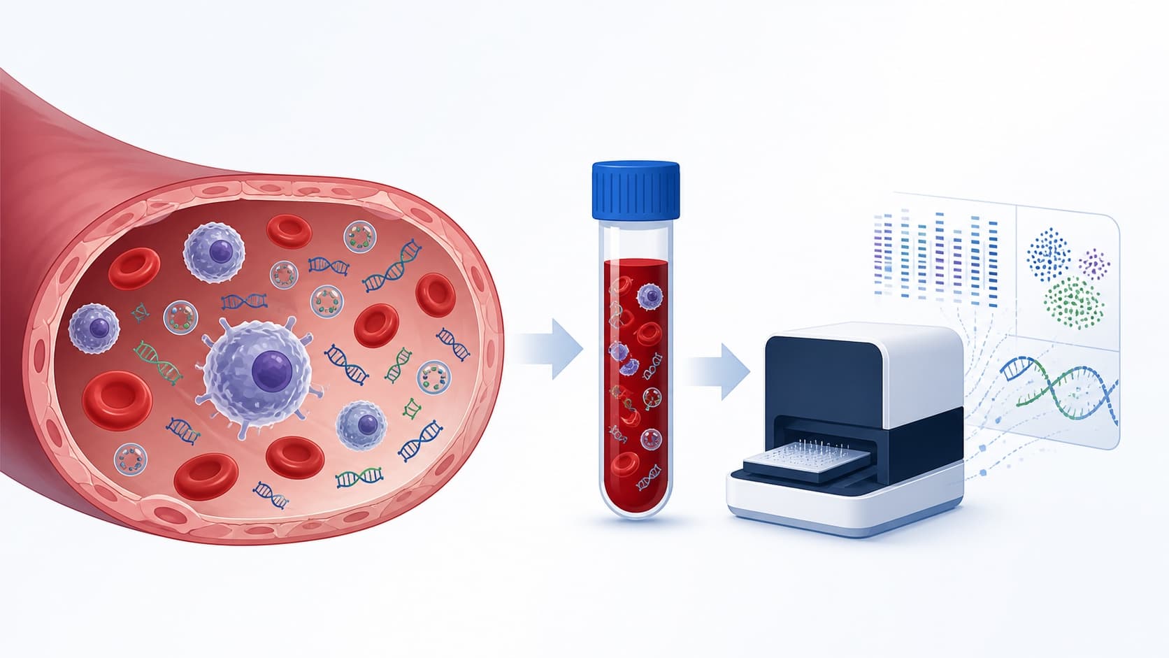 Original editorial illustration of a liquid biopsy workflow from circulating biomarkers to sequencing analysis