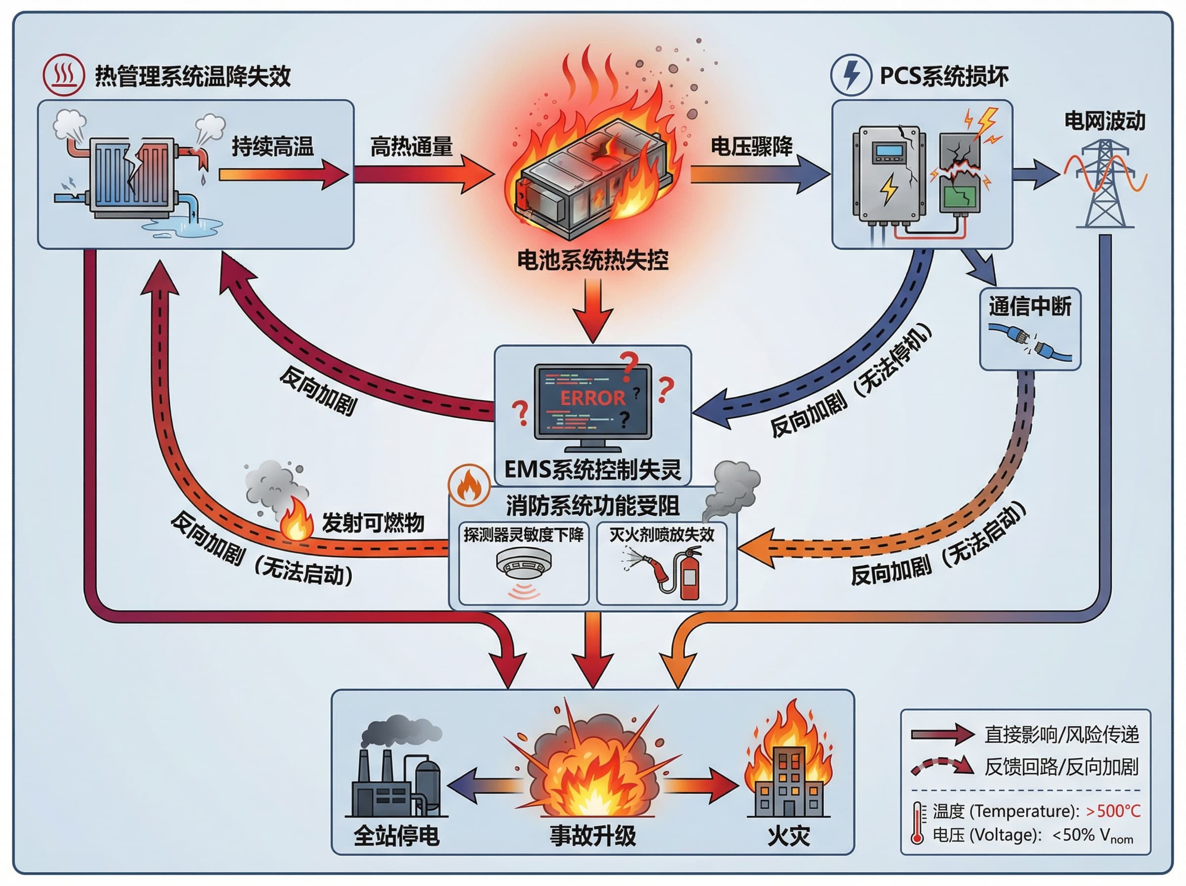 帮我绘制一个电化学储能电站的电池热失控后风险传递的路径机制图,用于期刊论文,图片应该美观、直观,图例丰富,说明简洁,参考以下内容:①电池系统发生热失控,造成高热通量,导致热管理系统温降失效;热管理系统温降失效,造成持续高温,导致EMS系统控制失灵;EMS系统控制失灵,反向加剧了热管理系统的温降失效。②电池系统发生热失控,造成电压骤降,导致PCS系统损坏,进而造成电网波动;PCS系统损坏,还造成通信中断,导致EMS系统控制失灵;EMS系统控制失灵,无法使PCS系统停机,反向加剧了PCS系统的损坏。③电池系统发生热失控,发射可燃物,导致消防系统功能受阻,包括探测器灵敏度下降和灭火剂喷放失效;EMS系统控制失灵,无法启动消防系统,反向加剧了消防系统的功能受阻。④由电池热失控引发的一系列连锁反应,所有子系统相继故障,导致事故升级,造成全站停电或者火灾。