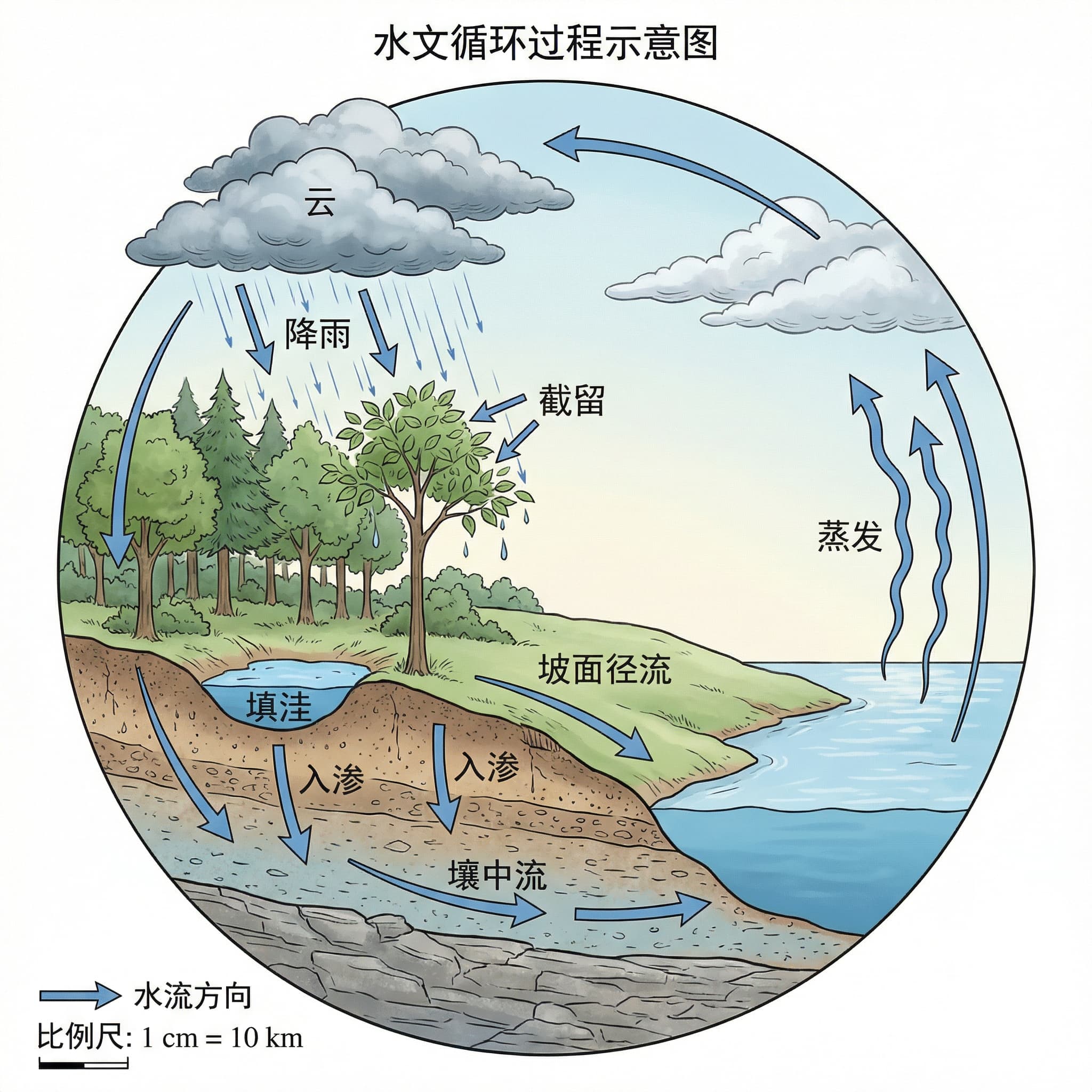 A schematic diagram illustrating the hydrological cycle, including processes such as evaporation, interception, depression storage, infiltration, surface runoff, interflow, and precipitation.
