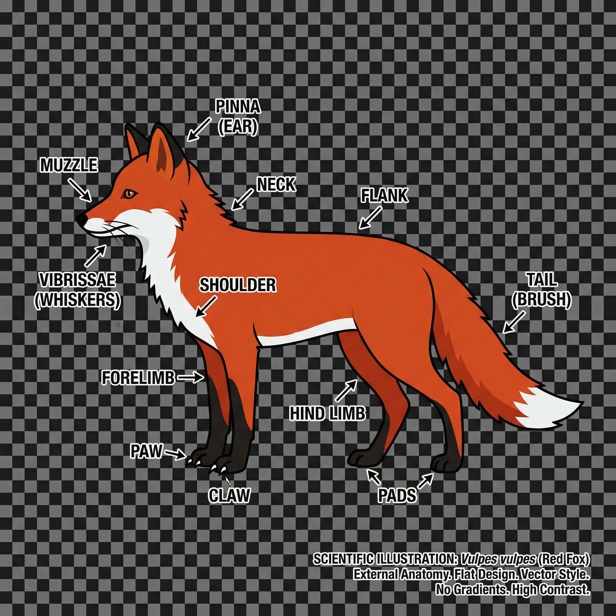 Extern anatomi
Scientific illustration, correct external anatomy of Red Fox (Vulpes vulpes). Vector‑like style, clean linework, flat natural colors. Labeled body parts. Full body, centered. Transparent background.