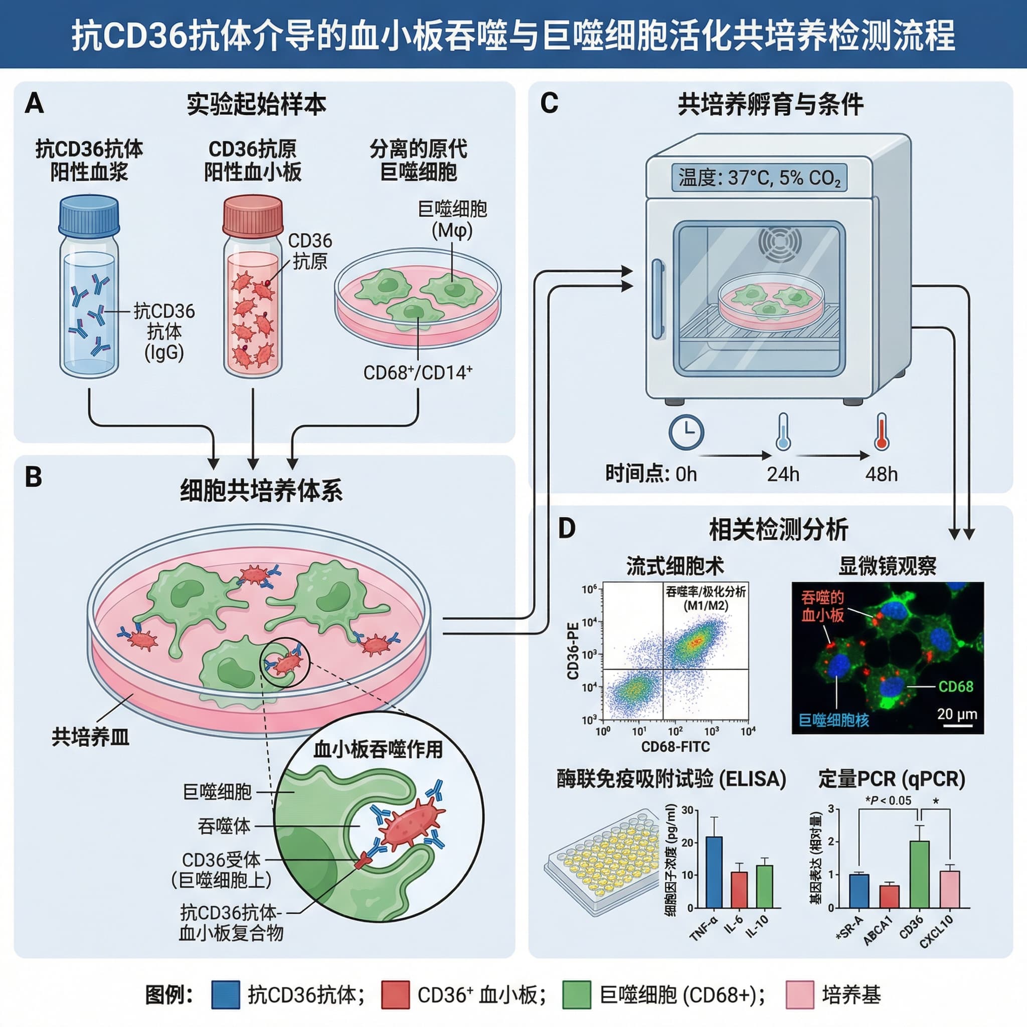 A figure depicting cell co-culture followed by relevant assays: including plasma positive for anti-CD36 antibody, platelets positive for CD36 antigen, and isolated primary macrophages.