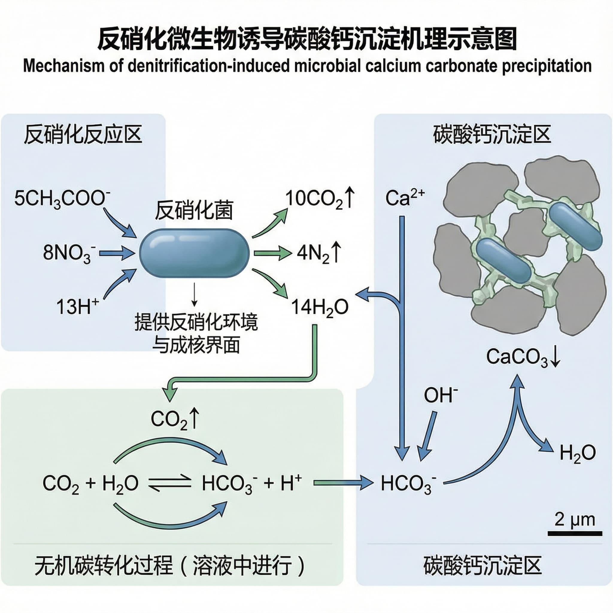 已批准
✅ 反硝化MICP机制示意图【标准绘图说明(最终可用版本)】
目的:
适用于反硝化诱导微生物碳酸钙沉淀(Denitrification-induced MICP)的示意图。反应路径严格对应化学计量关系,不混入尿素基MICP。
I. 图题
反硝化诱导微生物碳酸钙沉淀机制示意图
反硝化诱导微生物碳酸钙沉淀的机制
II. 整体布局(强烈推荐)
水平或垂直流程图
上游 → 下游
化学反应主要在溶液尺度
细菌仅作为反应驱动者和成核界面
III. 图中结构和要素(详细描述)
(1) 反硝化反应区(核心反应)
位置:图的左侧或顶部
标注内容(直接使用):
5CH₃COO⁻ + 8NO₃⁻ + 13H⁺ → 反硝化细菌 → 10CO₂↑ + 4N₂↑ + 14H₂O
绘图要求:
CH₃COO⁻和NO₃⁻用箭头指向反硝化细菌
N₂和CO₂用“↑”表示,表明气体逸出
不要绘制中间价态(NO₂⁻、NO、N₂O等)
(2) 反硝化细菌(仅作为功能载体)
形态要求(非常重要):
椭圆形或短杆状
无鞭毛
表面光滑
不要绘制复杂的细胞内代谢途径
标签:
反硝化细菌
反硝化细菌
功能描述(可用小字标注):
提供反硝化环境和成核界面
(3) 无机碳转化过程(在溶液中进行)
位置:反硝化区下方或右侧
反应式标注:
CO₂ + H₂O ⇌ HCO₃⁻ + H⁺
绘图要求:
CO₂从反硝化反应箭头流出
HCO₃⁻明确标注为在溶液中形成
不要放在细胞内部
(4) 碳酸钙沉淀区(最终结果)
位置:图的底部或最右侧
反应式标注:
Ca²⁺ + HCO₃⁻ + OH⁻ → CaCO₃↓ + H₂O