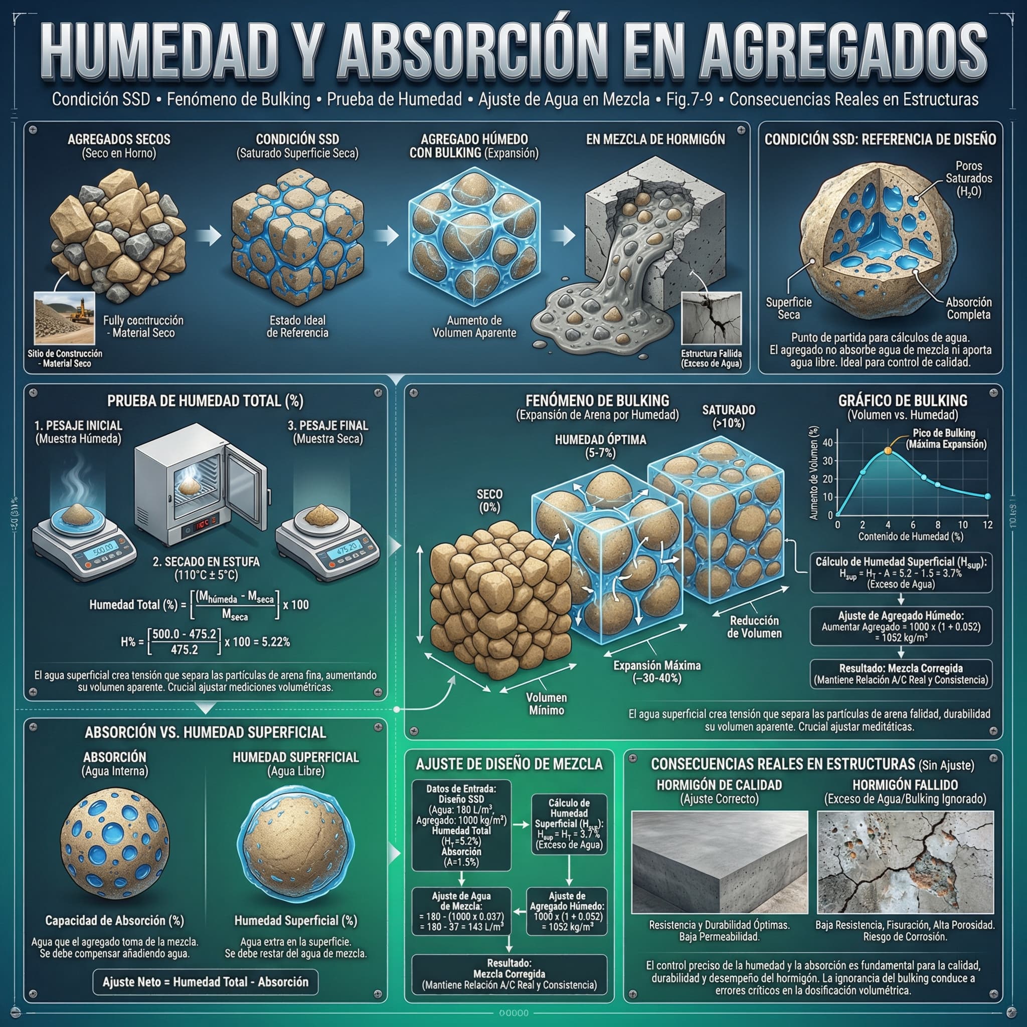 materials scientific illustration: Moisture content and absorption in concrete aggregates, covering SSD condition, bulking, testing, and mix design adjustments.