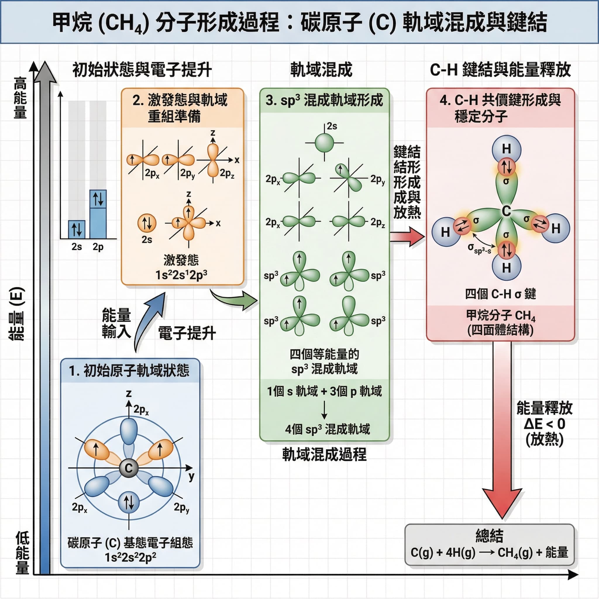 メタン分子における中心炭素原子の混成過程は、励起、混成、およびH原子との発熱的な共有結合形成を含む。エネルギーは縦軸に、各過程は横軸に示される。図は、s軌道とp軌道の混合によって生じるsp3混成軌道の形状、および4つのsp3混成軌道とH原子との重なりを示す。図はまた、炭素原子の価電子がどのように励起され、どの軌道が混成に関与しているかを描写する。