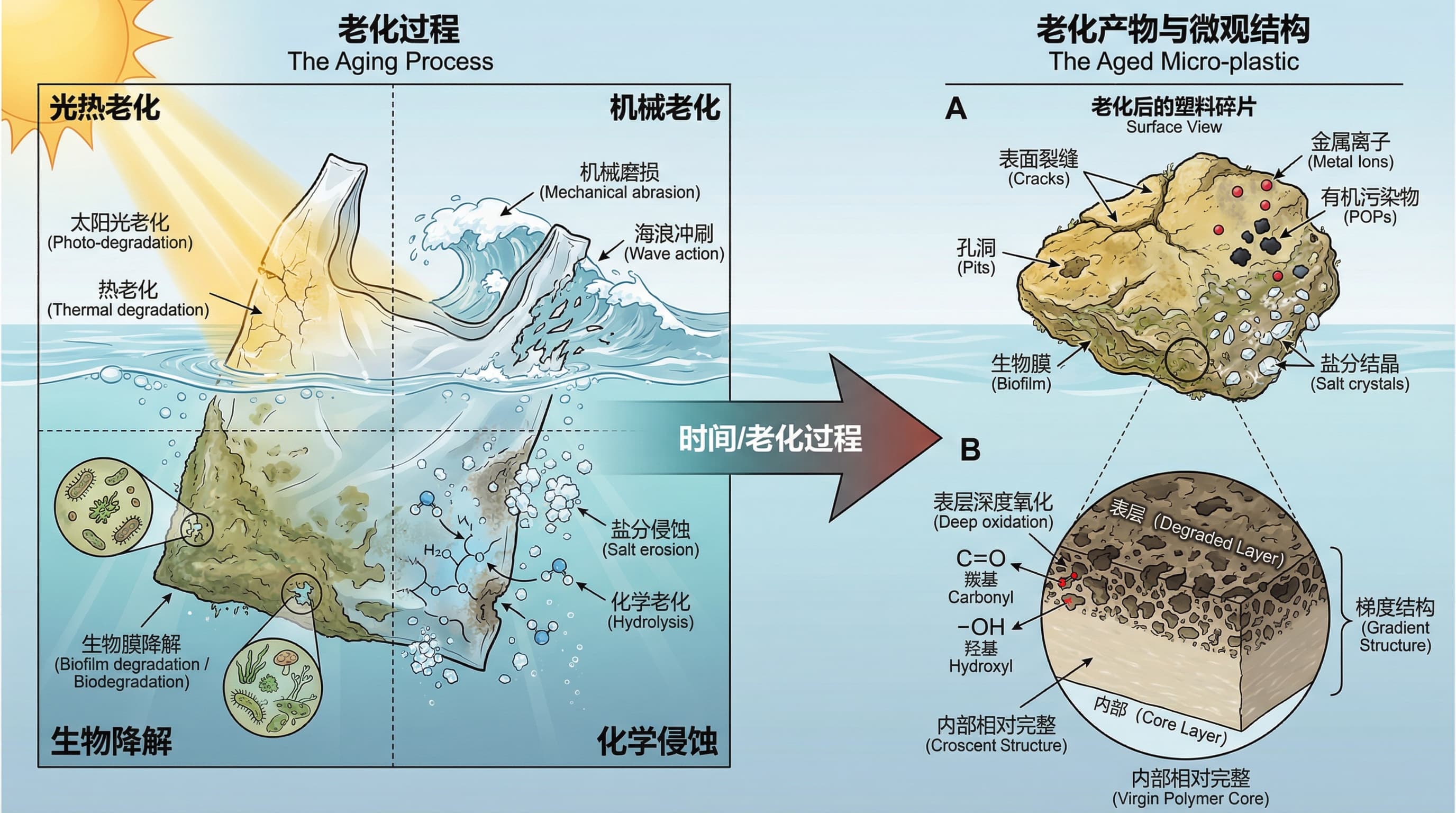 Proposition de conception de mise en page : Schéma des mécanismes de vieillissement du plastique marin.
Ce schéma propose une mise en page horizontale utilisant une approche de type "organigramme + schéma en coupe", avec un environnement océanique/surface de l'eau bleu clair comme arrière-plan.
1. Zone gauche : Le processus de vieillissement
Élément visuel principal : Un sac en plastique translucide (ou un fragment de plastique) flottant à la surface de la mer, dans un état semi-immergé.
Logique de mise en page (Quatre quadrants) :
En haut à gauche - Vieillissement photo-thermique :
Éléments visuels : Rayons de soleil intenses frappant la partie du plastique exposée au-dessus de l'eau.
Texte du label : Vieillissement solaire / Photo-dégradation & Dégradation thermique.
Détails : La surface du plastique est légèrement jaunie ou cassante là où elle est exposée à la lumière.
En haut à droite - Vieillissement mécanique :
Éléments visuels : Vagues blanches s'écrasant contre le plastique, ou flux d'eau turbulent.
Texte du label : Abrasion mécanique / Action des vagues.
Détails : Les bords du plastique ont un aspect déchiré, fragmentation physique.
En bas à gauche - Biodégradation :
Éléments visuels : Partie sous-marine, slime microbien vert ou minuscules algues attachées au fond du plastique.
Texte du label : Dégradation du biofilm / Biodégradation.
Détails : Des colonies bactériennes érodent la surface du plastique.
En bas à droite - Érosion chimique :
Éléments visuels : Partie sous-marine, entourée de cristaux de sel blancs ou de bulles chimiques.
Texte du label : Érosion saline / Hydrolyse.
2. Zone centrale : La transition
Élément visuel : Une large flèche proéminente pointant de gauche à droite.
Suggestion de couleur : Couleur dégradée, passant du bleu-vert (environnement marin) au gris foncé ou brun rougeâtre (résultat du vieillissement).
Texte sur la flèche (facultatif) : "Temps / Processus de vieillissement".
3. Zone droite : Produits vieillis et microstructure (Le micro-plastique vieilli)
Pour refléter une approche "plus structurée", il est recommandé de diviser le côté droit en deux vues : une vue macroscopique du fragment et une vue microscopique agrandie en coupe.
Vue A : Fragments de plastique vieilli (Vue de surface)
Éléments visuels : Un fragment de plastique avec une surface rugueuse, une couleur jaunie et des fissures évidentes.
Label - Caractéristiques de surface :
Rugosité et fissuration : Étiquettes pointant vers les fissures et les piqûres de surface.
Couverture du biofilm : La surface est recouverte d'une couche de biofilm vert/brun.
