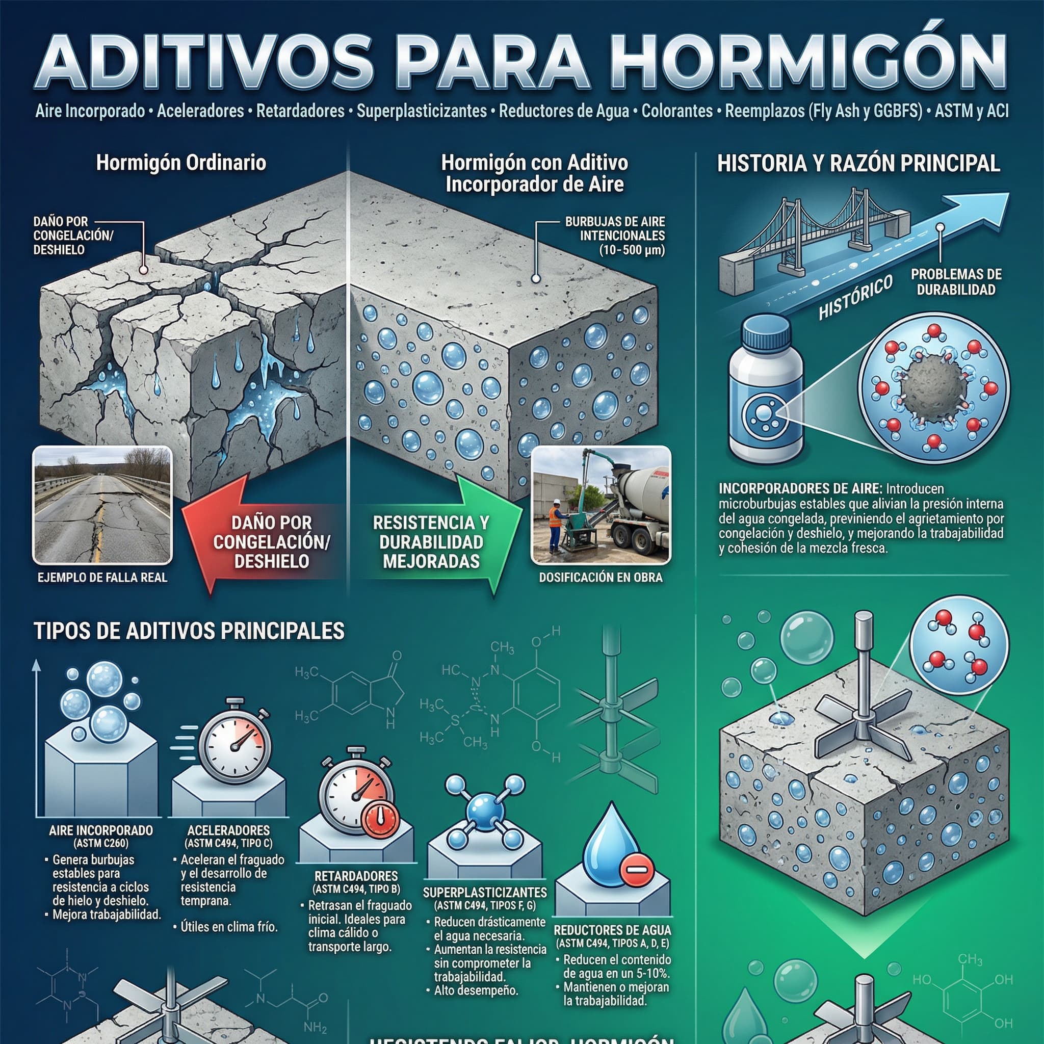 materials scientific illustration: Concrete admixtures: a full-canvas technical infographic for engineering education and LinkedIn-style knowledge sharing.