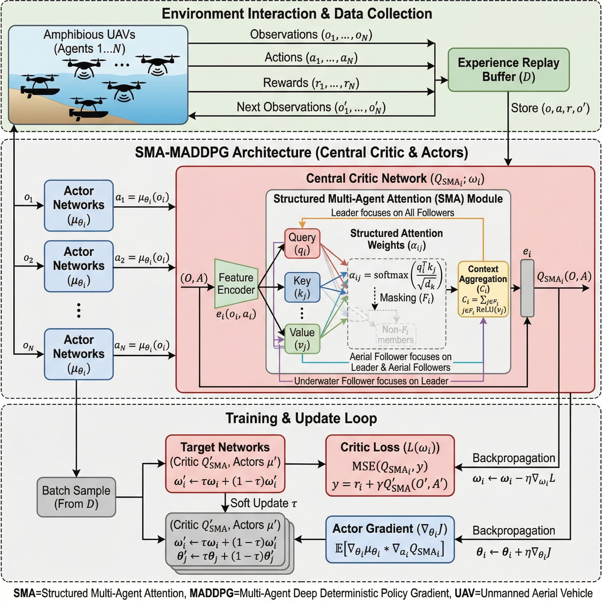 绘制算法的网络结构图。以下是对于算法部分描述:为提升两栖无人机在空水异构环境下的协同控制能力本文在MADDPG框架基础上引入结构化注意力机制构建中央Critic网络使信息能够有针对性地进行交互每个智能体的中央Q值函数的输入不仅包含自身的状态与动作信息还将其它无人机的信息根据注意力权重联合聚合具体表达QSMAi(O,A)=fei(oi,ai),Ci 其中(O,A)表示所有无人机的观测及动作集合ei(oi,ai)为将自身观测oi与动作ai编码为特征向量的非线性映射Ci每类无人机仅对实际关联对象分配注意力仅在相关对象上分配注意力权重并通过softmax归一化提升信息筛选能力水下跟随者的注意力分布仅针对编队领导者空中跟随者的注意力分布针对编队领导者以及其它空中跟随者编队领导者则聚合所有的跟随者信息每个智能体i的信息聚合可统一建模Ci=j∈FiαijReLU(vj)其中ReLU(⋅)为非线性激活函数vj为无人机j的value向量中央Critic对于每个无人机i根据其任务分工定义关注对象集合Fi权重aij依据系统实际场景按照softmax机制自适应分配其计算方法αij=exp(qi)⊤kj/dkl∈Fiexp(qi)⊤kl/dk 其中qi和kj分别是对应的query与key向量非Fi成员的注意力得分通过掩码设为-∞,实现结构化筛选而不在其上分配权重这样中央Critic端在注意力模块中有效聚合Fi内的关键信息同时保证了各类机体在观测和决策时能够精准聚焦分工链路下的有效数据在训练中采用批量经验回放机制将环境交互过程获得的(o,a,ri,o')持续存储到经验池D定期从D中采样实现参数更新价值网络参数ωi通过时序差分损失优化损失函数Loss(ωi)=E(o,a,ri,o')∼DQSMAi(O,A;ωi)−y2其中目标值y由目标价值网络QSMAi及目标策略网络μθj'计算获得y=ri+γQSMAi'(O',A';ωi')A'=(a1',...,aN'), aj'=μθj'(oj')其中ri为无人机i的奖励值γ是折扣因子ωi'和θj'分别是目标价值网络与目标策略网络参数通过通过软更新机制以延迟方式从主网络参数同步更新策略网络μθi的更新目标为最大化长期累计奖励其梯度形式为∇θiJ(μθi)=E(O,A)∼D∇θiμθi(oi)∇aiQSMAi(O,A;ωi