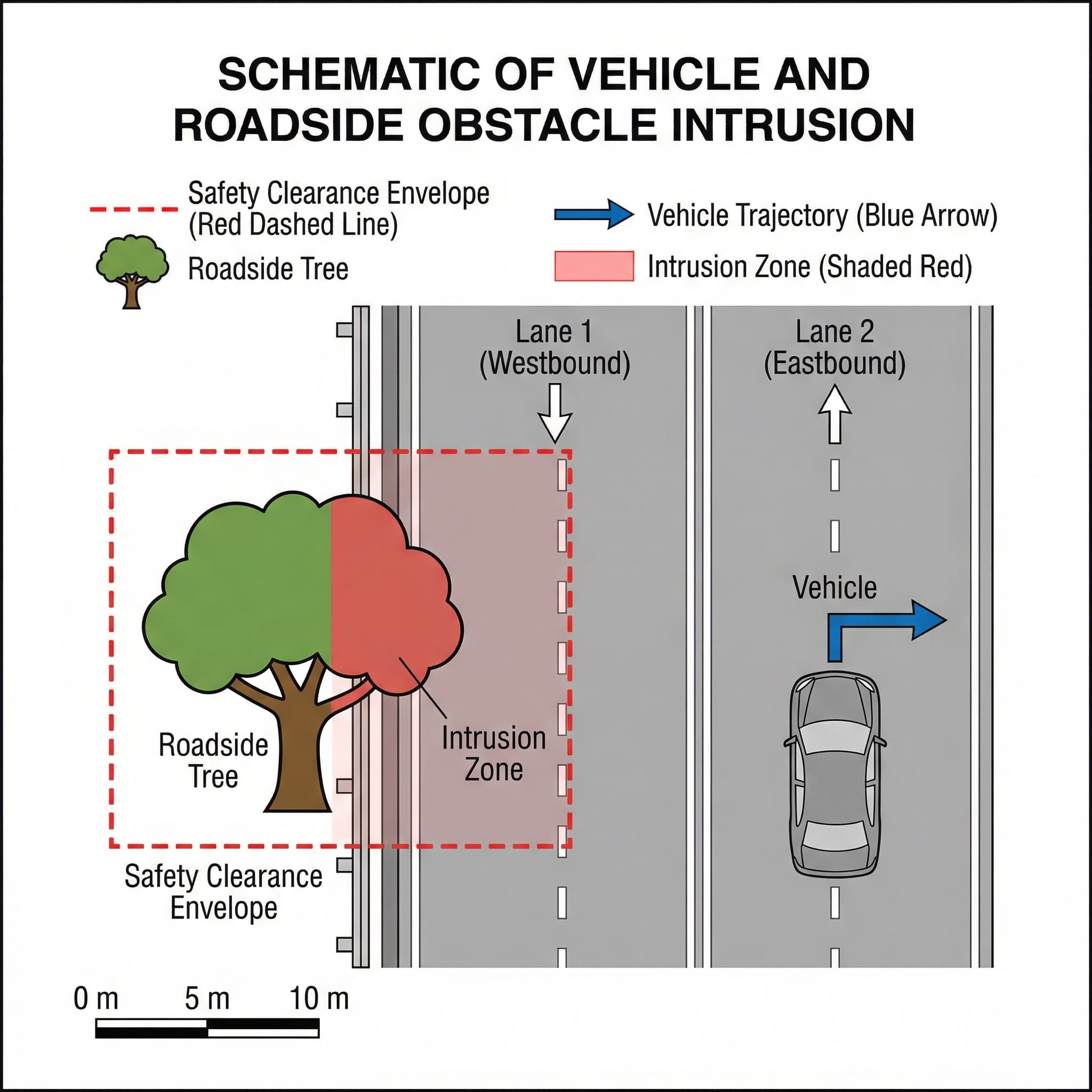 二車線道路を走行する車両を真上から見た模式図。左側の路傍の木が、道路の安全空間に侵入している。