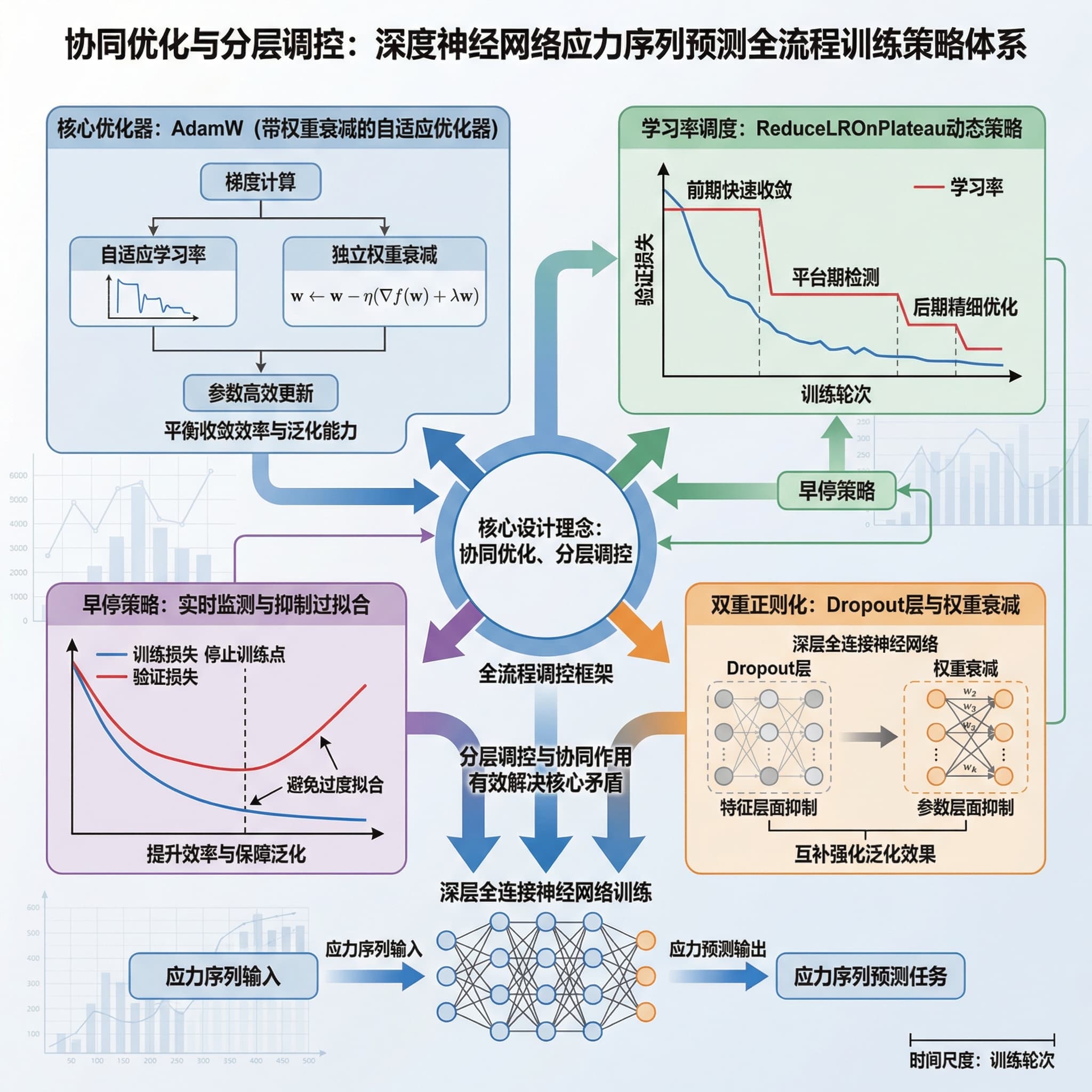 优化与训练策略体系以“协同优化、分层调控”为核心设计理念,构建“优化器主导参数更新、学习率调度适配训练阶段、早停策略抑制过拟合、正则化强化泛化能力”的全流程调控框架,各模块的核心功能与协同关系如下:
核心优化器:采用AdamW(带权重衰减的 Adam)自适应优化器,负责模型参数的高效更新,通过自适应学习率与独立权重衰减机制,平衡收敛效率与泛化能力;
学习率调度:引入ReduceLROnPlateau动态调度策略,根据验证损失变化自适应调整学习率,实现“前期快速收敛,后期精细优化”;
早停策略:实时监测验证损失,避免模型过度拟合训练数据,提升训练效率并保障泛化能力;
双重正则化:结合Dropout层与权重衰减,从特征层面与参数层面双重抑制过拟合,互补强化泛化效果。
该框架深度适配深层全连接神经网络的训练特性与应力序列预测的任务需求,通过各模块的分层调控与协同作用,有效解决训练过程中的核心矛盾。