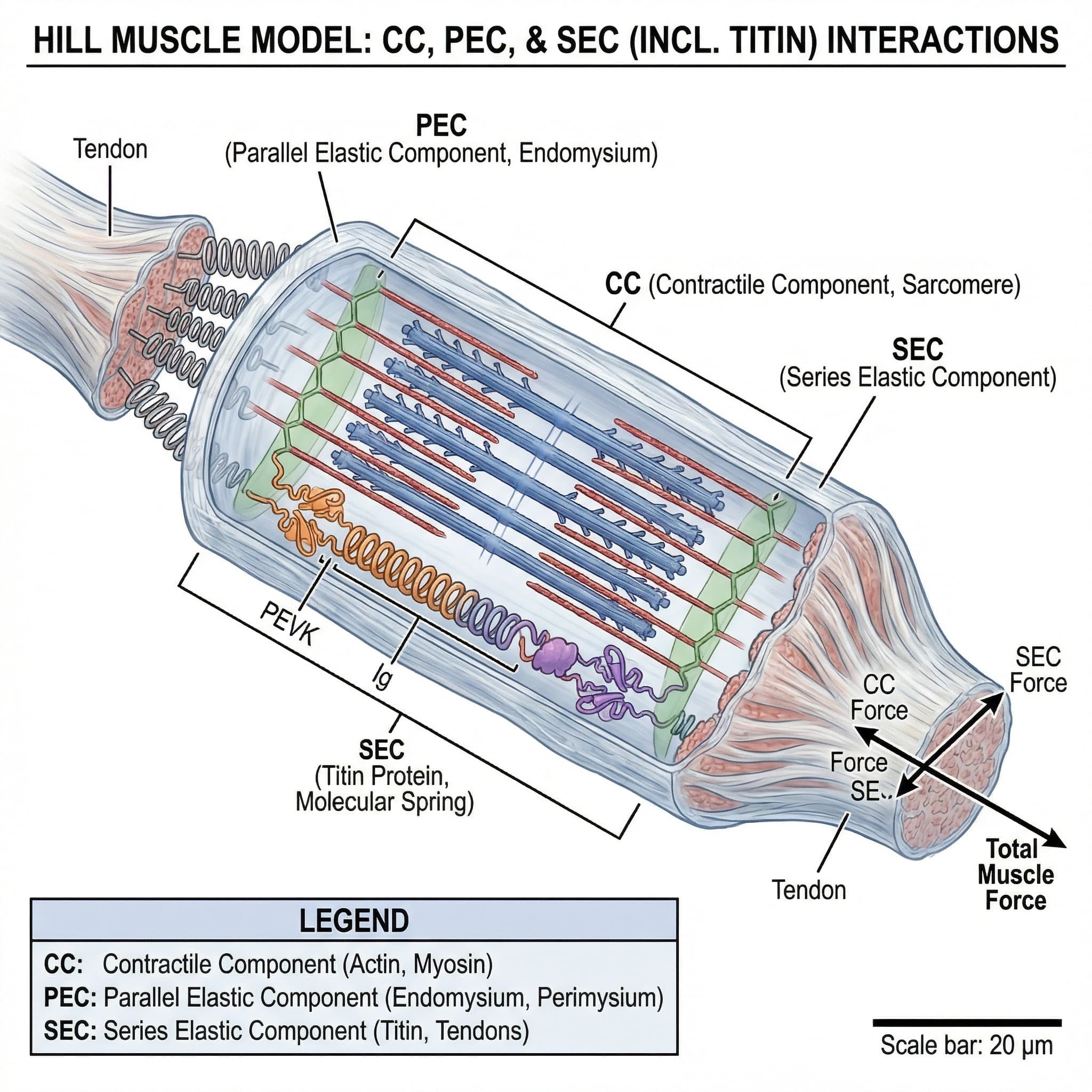 Illustration depicting the Hill muscle model, comprising three elements: the Contractile Component (CC), the Parallel Elastic Component (PEC), and the Series Elastic Component (SEC). The diagram should incorporate the Titin protein structure as an integral part of the SEC. Each component should be clearly labeled, and their interactions within the muscle fiber structure should be illustrated. The muscle fiber should be represented in a simplified, anatomical style, emphasizing the distinct components, with particular attention to the elastic elements and the contractile unit.