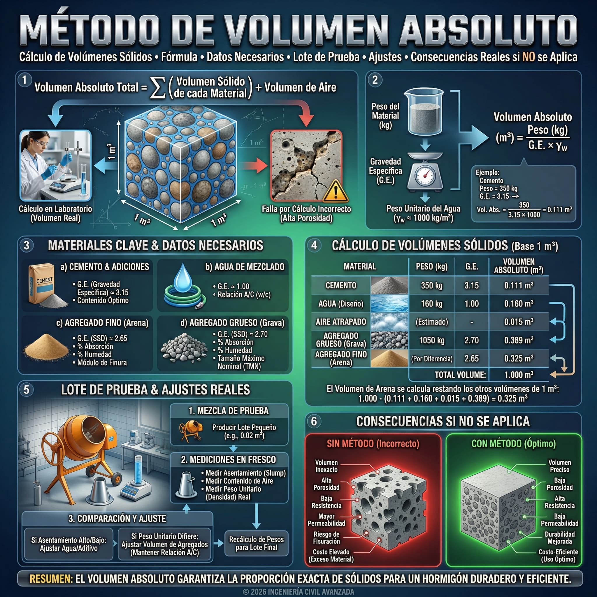 materials scientific illustration: Absolute volume method in concrete mix design, rendered as a vertical technical infographic with formula-driven visual structure.